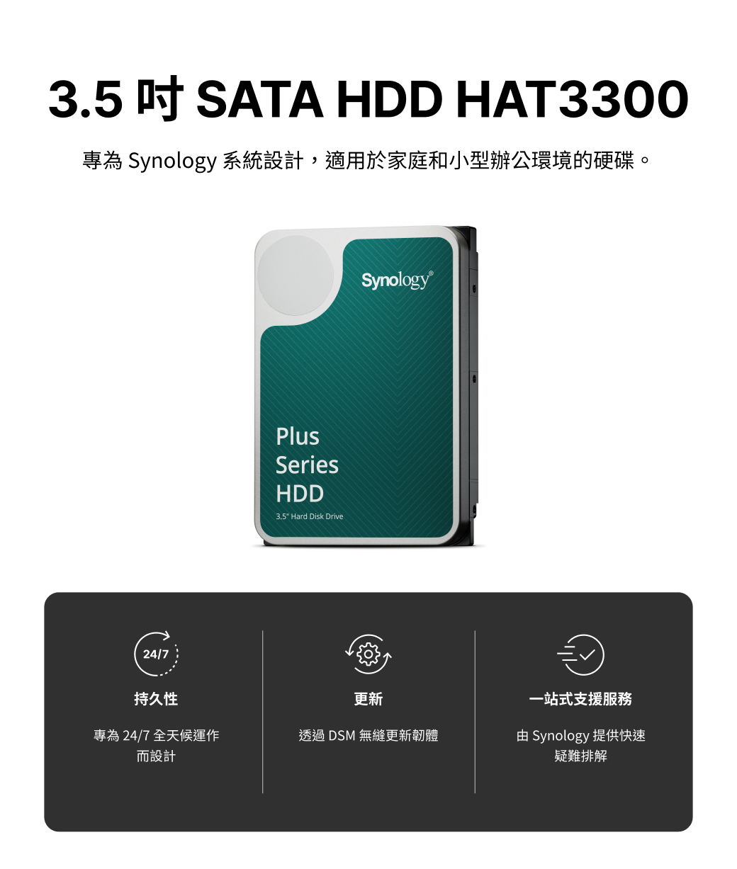 3.5  SATA HDD HAT3300專為 Synology 系統設計,適用於家庭和小型辦公環境的硬碟。24/7PlusSeriesHDD3.5 Hard Disk DriveSynology®持久性更新一站式支援服務專為24/7 全天候運作而設計透過DSM 無縫更新韌體由 Synology 提供快速疑難排解