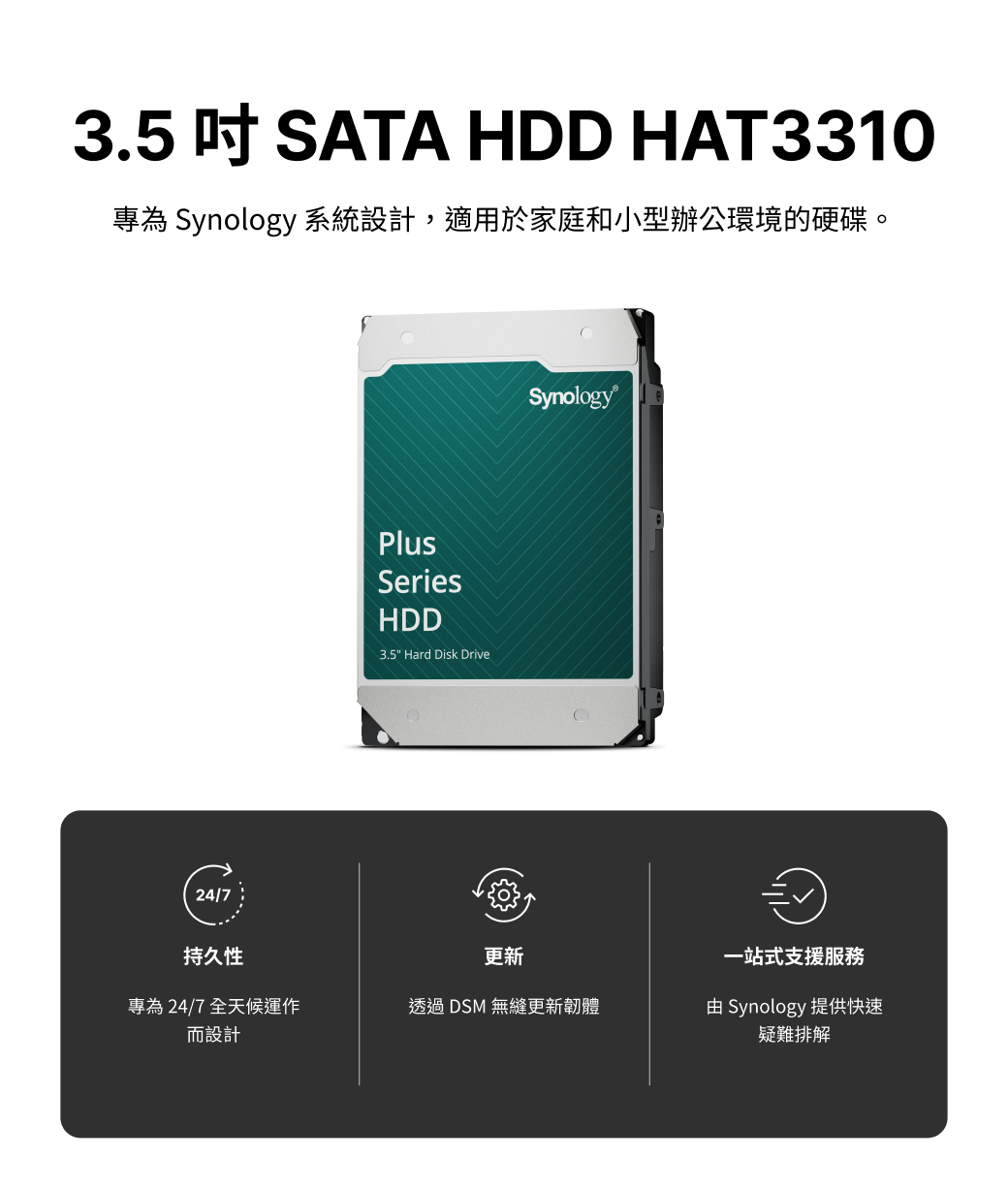 3.5 吋SATA HDD HAT3310專為 Synology 系統設計,適用於家庭和小型辦公環境的硬碟。24/7PlusSeriesHDD3.5" Hard Disk DriveSynology持久性更新一站式支援服務專為24/7 全天候運作而設計透過DSM 無縫更新韌體由 Synology 提供快速疑難排解
