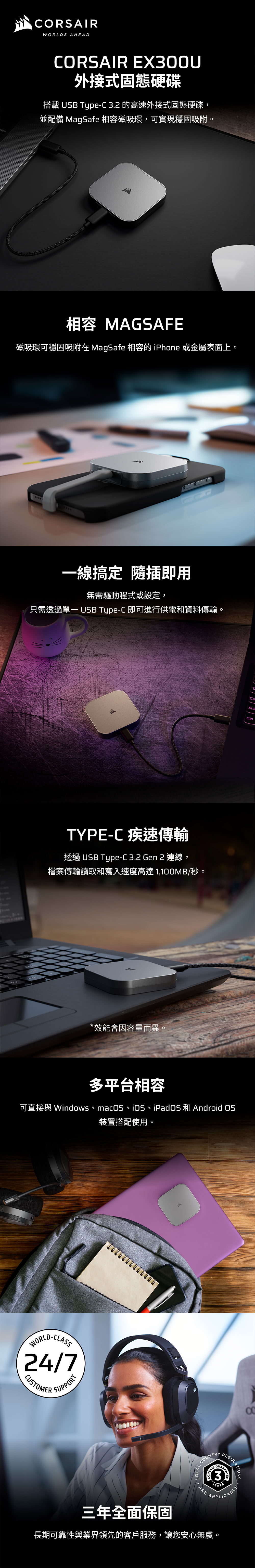 leteCORAIRWORLDS AHEADCORSAIR EX300U外接式固態硬碟搭載 USB Type-C3 的高速外接式固態硬碟,並配備 MagSafe 相容磁吸環,可實現穩固吸附。相容 MAGSAFE磁吸環可穩固吸附在 MagSafe 相容的 iPhone 或金屬表面上。一線搞定 隨插即用無需驅動程式或設定,只需透過 USB Type-C 即可進行供電和資料傳輸。TYPE-C 疾速傳輸透過 USB Type-C3.2 Gen 2 連線,檔案傳輸讀取和寫入速度高達1,100MB/秒。*效能會因容量而異。TCa多平台相容可直接 Windows、macOS、、iPadOS 和 Android OS裝置搭配使用。WORLD.-CLASS24/7CUSTOMESUPPORT三年全面保固COUNTRY LOCAL S ARE PTIONSREGULAT3YEARSAPPLICABLE長期可靠性與業界領先的客戶服務,讓您安心無虞。