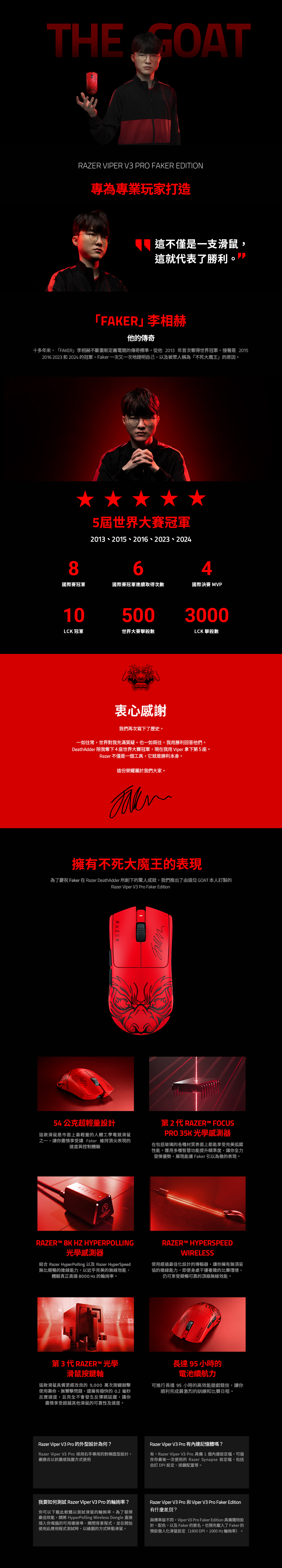 THE VIPER V3 PRO FAKER EDITION專為專業玩家打造這不僅是一支滑鼠這就代表了勝利。「FAKER李相赫他的傳奇十多年來,「FAKER李相赫不斷重新定義電競的傳奇標準。從他 2013年首次奪得世界冠軍,接著是 20152016 2023 和 2024 的冠軍,Faker一次又一次地證明自己,以及被眾人稱為「不死大魔王」的原因。85屆世界大賽冠軍2013 2015 2016 2023 2024國際賽冠軍國際賽冠軍連續取得次數國際MVP105003000LCK 冠軍世界大賽擊殺數LCK 擊殺數衷心感謝我們再次寫下了歷史。一如往常,世界對我充滿質疑。也一如既往,我用勝利回答他們。DeathAdder 陪我奪下4座世界大賽冠軍,現在我用Viper拿下第5座。Razer 不僅是一個工具,它就是勝利本身。這份榮耀屬於我們大家。擁有不死大魔王的表現為了慶祝 Faker 在 Razer DeathAdder 所創下的驚人成就,我們推出了由這位 GOAT 本人訂製的Razer Viper V3 Pro Faker EditionRAZERчте54公克超輕量設計這款滑鼠是市面上最輕量的人體工學電競滑鼠之一,你盡情享受讓 Faker 維持頂尖表現的速度與控制體驗第2代 RAZER FOCUSPRO 35K 光學感測器在包括玻璃的各種材質表面上都能享受完美追蹤性能。運用多種智慧功能提升精準度,讓你全力發揮優勢,展現能讓 Faker引以為傲的表現。RAZERRAZER™ 8K HZ HYPERPOLLING光學感測器結合 Razer HyperPolling 以及 Razer HyperSpeed無比順暢的連線能力,以近乎完美的無線效能,體驗真正高達8000Hz 的輪詢率。RAZER™ HYPERSPEEDWIRELESS使用經過最佳化設計的傳輸器,讓你擁有無須妥協的連線能力,即便身處干擾複雜的比賽環境,仍可享受順暢可靠的頂級無線效能。第3代 RAZER™ 光學滑鼠按鍵軸這款滑鼠具備更經改良的 萬次按鍵使用壽命、無雙擊問題,還擁有極快的0.2 毫秒反應速度,且完全不會發生反彈跳延遲,讓你盡情享受超越其他滑鼠的可靠性及速度。長達95小時的電池續航力可進行長達 95 小時的高效能遊戲競技,讓你順利完成最激烈的訓練和比賽日程。Razer Viper V3 Pro 的外型設計為何?Razer Viper V3 Pro採用右手專用的對稱造型設計,最適合以抓握或指握方式使用Razer Viper V3 Pro有內建記憶體嗎?有,Razer Viper V3 Pro 具備1個內建設定檔,可儲存你最後一次使用的 Razer Synapse 設定檔,包括自訂 DPI 設定、按鍵配置等。我要如何測試 Razer Viper V3 Pro 的輪詢率?你可以下載此軟體以測試滑鼠的輪詢率。為了發揮最佳效能,請將 HyperPolling Wireless Dongle 直接插入你電腦的可用連接埠、關閉背景程式,並在開始使用此應用程式測試時,以繞圈的方式移動滑鼠。Razer Viper V3 Pro 和Viper V3 Pro Faker Edition有什麼差別?與標準版不同,Viper V3 Pro Faker Edition 具備獨特設計、配色,以及Faker的簽名。也預先載入了Faker的預設個人化滑鼠設定(1800 DPI,1000 Hz 輪詢率)。