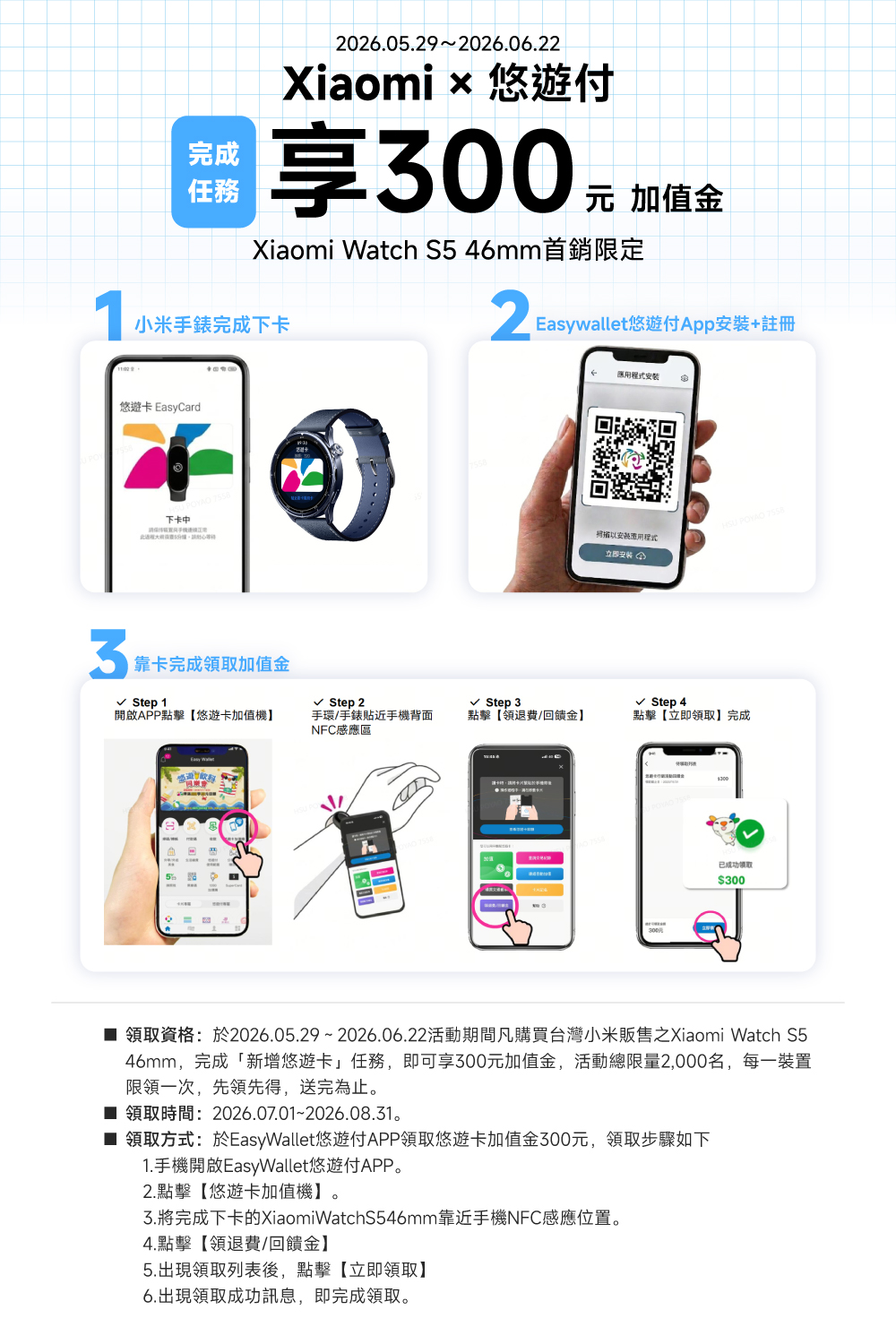 2026.05.292026.06.22Xiaomix 悠遊完成享  Xiaomi Watch S5 46mm首銷限定小米手錶完成下卡悠遊卡 EasyCard下卡中E2Easywallet悠遊App+註冊裝安程式立即3靠卡完成領取加值金 Step 1√ Step 2√ Step 3√ Step 4開啟APP點擊【悠遊卡加值機手環手錶貼近手機背面NFC感應區點擊【領退費/回饋金】點擊【立即領取】完成飲料300元300已成功领取$300 領取資格:於2026.05.29~2026.06.22活動期間凡購買台灣小米販售之Xiaomi Watch S546mm,完成「新增悠遊卡任務,即可享300元加值金,活動總限量2,000名,每一裝置限領一次,先領先得,送完為止。領取時間:2026.07.01~2026.08.31。 領取方式:於EasyWallet悠遊付APP領取悠遊卡加值金300元,領取步驟如下1.手機開啟EasyWallet悠遊APP。2.點擊【悠遊卡加值機】。將完成下卡的XiaomiWatchS546mm靠近手機NFC感應位置。4.點擊【領退費/回饋金】5.出現領取列表後,點擊【立即領取】6.出現領取成功訊息,即完成領取。
