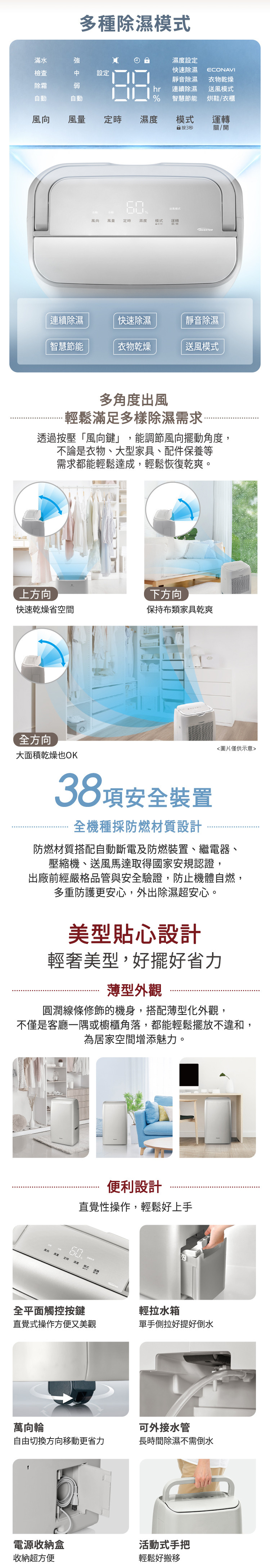 滿水強檢查設定除霜弱自動多種除濕濕度設定快速除濕靜音除濕hr連續除濕ECONAVI衣物乾燥送風模式%智慧節能烘鞋/衣櫃風向風量定時濕度模式運轉按3秒關/開自動風向風量定時濕度模式 運轉連續除濕快速除濕靜音除濕智慧節能衣物乾燥送風模式多角度出風輕鬆滿足多樣除濕需求透過按壓「風向鍵,能調節風向擺動角度,不論是衣物、大型家具、配件保養等需求都能輕鬆達成,輕鬆恢復乾爽。上方向下方向快速乾燥省空間保持布類家具乾爽全方向大面積乾燥也OK38項安全裝置全機種採防燃材質設計圖片僅供示意防燃材質搭配自動斷電及防燃裝置、繼電器、壓縮機、送風馬達取得國家安規認證,出廠前經嚴格品管與安全驗證,防止機體自燃,多重防護更安心,外出除濕超安心。美型貼心設計輕奢美型,好擺好省力薄型外觀圓潤線條修飾的機身,搭配薄型化外觀,不僅是客廳一隅或櫥櫃角落,都能輕鬆擺放不違和,為居家空間增添魅力。便利設計直覺性操作,輕鬆好上手定時模式全平面觸控按鍵輕拉水箱直覺式操作方便又美觀單手側拉好提好倒水萬向輪可外接水管自由切換方向移動更省力長時間除濕不需倒水電源收納盒活動式手把收納超方便輕鬆好搬移