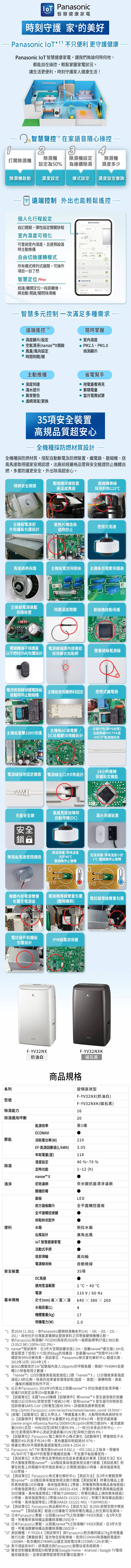 Panasonic智慧健康家電時刻守護 家的美好Panasonic loT* 不只便利 更守護健康Panasonic  智慧健康家電讓我們無論何時何地都能在操控,輕鬆掌握家電狀況。讓生活更便利,時刻守護家人健康生活!智慧聲控在家語音隨心操控23打開除濕機設為5%除濕機設定為連續除濕除濕機濕度少除濕機啟動濕度設定模式設定濕度設定查詢遠端控制 出也能輕鬆遙控個人化行程設定自訂週期,彈性設定開關排程室濕度可視化變頻淨除濕機設定 6755 可查詢室內濕度,且達預設值溫度定多時主動推播自由切換運轉模式所有模式條列式展開,可項目目了然智慧定位 Nw抵達離開定位一段距離後,將自動 開啟除濕機 PM10 味% 20%e20操作  關閉 2220+智慧多元控制 一次滿足多種需求遠端遙控  濕度顯示設定 空氣清淨nanoe開啟 風量/風向設定 時間到開/關主動推播濕度到達滿水提示 異常警告隨時掌握 室內濕度 PM2.5PM1.0偵測顯示省電幫手 用電量看得見 累積電量 當月電費試算 濾網清潔/更換35項安全裝置高規品質超安心全機種採防燃材質設計全機種採防燃材質,搭配自動斷電及防燃裝置,繼電器、壓縮機、送風馬達取得國家安規認證,出廠前經嚴格品管與安全驗證防止機體自燃,多重防護更安全,外出除濕超安心。傾倒安全開關壓縮機保護裝置高溫感應器壓縮機導線採用耐熱125主機板電源部散熱片構造與密閉式馬達外過熱防止馬達過熱保護主機板電流保險絲 主機板倍電壓保護器N 20A 250交換器電源過載除霜溫度開關壓縮機啟動保護保護裝置R415壓縮機端子保護蓋電源線插頭內部連結雙重絕緣電源線以不燃材5VA包覆設計採用鉚合加點銲電流檢測器保護電路板 主機板使用難燃材固定過載時停止壓縮機密閉式繼電器主機板雷擊10KV保護主機板AC高電壓 /DC低電壓採隔離設計非移行性(對PS材質)及耐熱級HVCTFK或HVCTF電源線採用24小時運轉電源線採用固定襯套 電源線出口大R角設計保護設定機能風扇馬達故障時兒童安全鎖滿水保護裝置自動停機(DC)安全鎖高溫保護環境溫度低溫保護:環境溫度小於導風板馬達密閉構造大於40℃壓縮機停止運轉1℃,壓縮機停止運轉0TH2TH2機體內部電源雙重壓縮機導線雙重包覆電抗器導線雙重包覆包覆至電源盒(壓縮機側)電抗器外殼鐵板IPM過電流保護包覆設計F-YV32N奶油白F-YV32NXK磁石黑商品規格系列變頻高效型F型號-YV32NX(奶油白)F-YV32NXK(磁石黑)除濕能力16除濕適用坪數20能源效率第1級ECONAVI節能消耗電功率(W)219EF-能源因數值(L/kWh)3.05年耗電量(度)濕度設定除濕定時功能nanoe X清淨初效濾網關機防霉面板11840 %%1~12 (h)奈米銀抗菌清淨濾網LED前方面板顯示全平面觸控面板全平面觸控按鍵烘鞋烘衣配件便利水箱側拉水箱出風設計廣角出風 智慧健康家電活動式手把底部滑輪萬向輪自動捲線電源線收納安全裝置35項DC馬達適用室溫範圍尺寸(mm)高/寬/深1 C 40 C110V / 60Hz640X380X260電源基本規格水箱容量(L)4機體重量(kg)17待機電力(W)2.0*1 至2024.11.30止,依Panasonic變頻除濕機系列(14L、18L、20L、22L、25L),與他社於台灣能源署網站登錄資料之同等級變頻機種比較。*2 依Panasonic除濕機F-YV32NX與政府2026年一級節能標準EF值2.98比較100%102.3%)(3.05/2.98*3 nanoe測試條件:在3坪大空間距離地面1.2m,距離nanoe產生器1.5m位置設置塗了烷烴(十六烷)的65ug的培養皿,並暴露nanoe空間中24小時,確認有99%分解效果。測試單位: Panasonic株式會社解析中心驗證日期:2013年10月~2014年1月。*4 由SGS實驗室於1m²試驗箱內放入10ppmv的甲醛氣體,開啟F-YV40MH並運轉2小時後取得之數據。*5 「nanoe」120分鐘後臭氣強度減低1.2跟「nanoe X」12分鐘後臭氧強度減低2.4的比較。除臭的效果會依環境狀態(溫度  濕度)、運轉時間、臭氣.纖維的種類而有所不同。*6 以日本Panasonic 2016年9月推出搭載nanoe™ X 的加濕器空氣清淨機,依據ESR測定法得(OH氫氧離子)。*7 【試驗單位法國Texcell機構【試驗條件】將nanoe™ X 發生器安裝於距離地X 發生器可抑制新型面15公分的45L密閉空間下經過2小時,使用nanoe™冠狀病SARS-CoV-2(附著型)達99.99%。詳細資訊請參閱官網http://pmst.Panasonic.com.tw/active/nanoe/nanoex_covid-19.html。*8 (病毒)【試驗單位】國立大學法人「帶廣大學」大動物特殊疾病研究中心【試驗條件】帶電微粒子水暴露於45L的盒子內4小時,新型流感病毒(swine-origin influenza/Narita/2009()pdm)抑制力達99%、禽流感病毒(H5N1亞型、H9N2亞型)抑制力達99.9%;(一財)日本食品分析中心、(一財)北里環境科學中心測試流感病毒(H1N1型)抑制力達99.9%。*9 【試驗單位】Panasonic電工解析中心株式會社【試驗條件】帶電微粒子水曝露於45L的盒子內24小時,黑色黴菌抑制超過99.97%。*10 根據台灣GfK市場銷售量調查報告(2008.4-2024.3)。*11 Panasonic  TW 僅支援Android 8.0以上、iOS 13以上之版本。限擁有4G/WiFi可下載APP的智慧手機通訊設備,不支援平板設備使用。*12 【測試單位】大同大學信息學院綜合信息系香薰設計專業【測試方法】在6坪大實驗室釋放nanoe™,以6階段臭味強度檢視法進行檢驗【測試結果】附著在枕套上的模擬中老年頭皮臭味(2-烯醛)經過6小時後,臭味強度降低0.65等級。*13 【測試單位】Panasonic株式會社解析中心【測試方法】在3坪大實驗室釋放nanoe™,以6階段臭味強度檢視法進行檢驗【測試結果】附著在織品上香菸小異味經過120分鐘後,臭味強度降低1.2等級;附著寵物異味織品臭味經過1(4AA33-160315-A34);附著室內曬衣異味織品經過時後強度降低1.5等級30分鐘後,臭味強度降低1.7等級(Y16RA002);附著在織品上燒肉異味經過2小時後,臭味強度降低1.2等級(4AA33-151221-N01);附著汗臭味織品經過1小時後,臭味強度降低1.1等級(4AA33-151221-N01、Y16HM016)。*14 【測試單位】Panasonic商品解析中心【測試方法】在250L密閉空間中釋放nanoe™ 【測試結果】經過15分鐘後可消除附著在織品上的生鮮垃圾異味。*15 日本Panasonic實驗,以搭載nanoe™X之除濕機F-Y45EX測試,在3坪大空間,附著香菸臭味織品距離除濕機150公分。*16 日本Panasonic實驗,以搭載nanoe™X之除濕機F-Y45EX測試,在3坪大空間,附著油酸黴味織品距離除濕機150公分。*17 測試機種:F-YV32LX【測試條件】與Panasonic乾衣機同樣以7kg衣物重量進行比較【實驗結果】當衣物全部乾燥後,使用ECONAVI除濕機耗電量約1300Wh,乾衣機約2740Wh(以額定消耗電功率1370Wh/2hr計算)。*19 聲音控制機能需搭配AI智慧音箱(Google Home、Android / Google TV電視*18 家中須設有WiFi,詳情請洽詢Panasonic服務站或各經銷商。遙控器語音),並會因實際腔調等而影響功能運作。