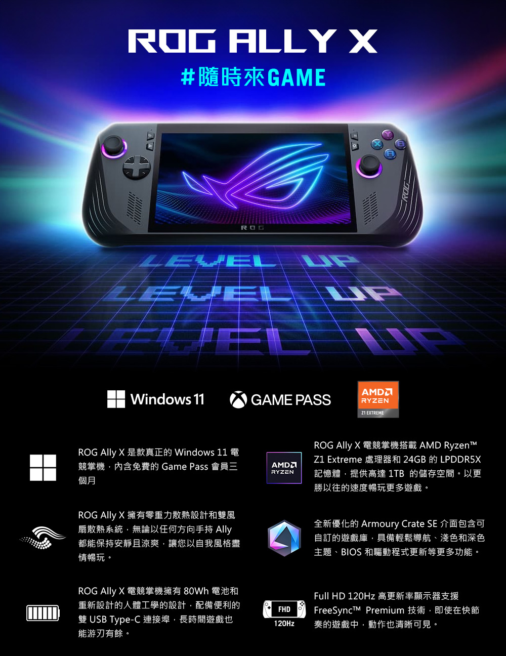 RO ALLY #隨時GROGLEVELWindows 11GAME PASSROG  X 是款真正的 Windows 11 電競掌機內含免費的 Game Pass 會員三個月AMDRYZENAMDRYZENZ1 EXTREMEROG  X 電競掌機搭載 AMD RyzentZ1 Extreme 處理器和 24GB 的 LPDDR5X記憶體提供高達 1TB的儲存空間。以更勝以往的速度暢玩更多遊戲。ROG  X 擁有零重力散熱設計和雙風扇散熱系統無論以任何方向手持 都能保持安靜且涼爽讓您以自我風格盡情暢玩。ROG Ally X 電競掌機擁有 80Wh 電池和重新設計的人體工學的設計,配備便利的雙 USB Type-C 連接埠,長時間遊戲也能游刃有餘。全新優化的 Armoury Crate SE 介面包含可自訂的遊戲庫,具備輕鬆導航、淺色和深色主題、BIOS 和驅動程式更新等更多功能。Full HD 120Hz 高更新率顯示器支援FreeSynct Premium 技術,即使在快節FHD120Hz奏的遊戲中,動作也清晰可見。