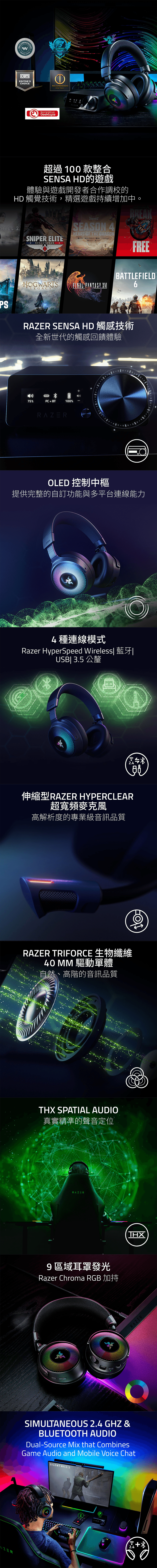 AZERWINDWSCENTRALDIAMANTEDITRSCHOICE①COMENDADOOneTech_ ASENSRecomendado porGeektopia- RAZER超過100款整合SENSA HD的遊戲體驗與遊戲開發者合作調校的HD 觸覺技術,精選遊戲持續增加中。HILL 2SNIPER ELITESEASON 4HEART OF THE DRAGON REPSRESISTANCEPORTKEY GAMESHOGWARTSLEGACYFREEFINAL FANTASY ATTLEFIELDRAZER SENSA HD 觸感技術全新世代的觸感回饋體驗O75%PC BT100%RAZEROLED 控制中樞提供完整的自訂功能與多平台連線能力SENSAO4種連線模式Razer HyperSpeed Wireless| 藍牙|USB 3.5公釐SENSAB2.4伸縮型RAZER HYPERCLEAR超寬頻麥克風高解析度的專業級音訊品質RAZER TRIFORCE 生物纖維40 MM 驅動單體自然、高階的音訊品質THX SPATIAL AUDIO真實精準的聲音定位RAZER9區域耳罩發光Razer Chroma RGB 加持SIMULTANEOUS 2.4 GHZ &BLUETOOTH AUDIODual-Source Mix that CombinesGame Audio and Mobile Voice ChatSILENT HILL 22.4+THXRAZER