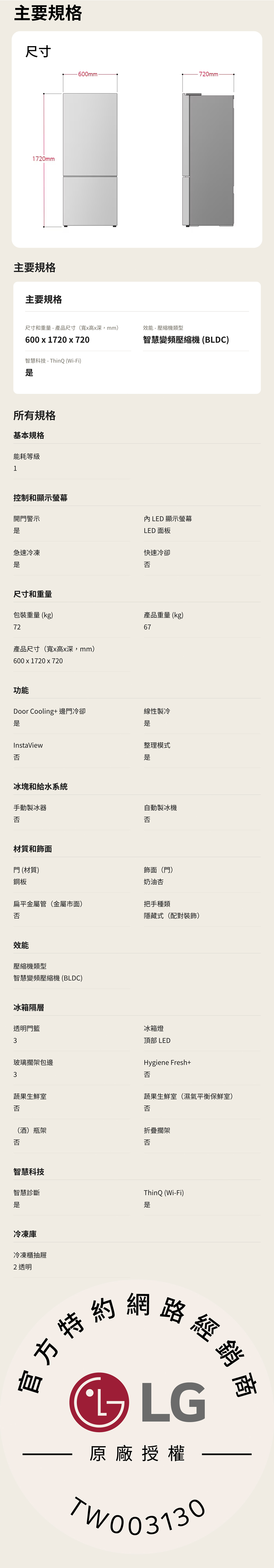 主要規格尺寸1720mm主要規格主要規格600mm720mm尺寸和重量-產品尺寸(高深mm)效能-壓縮機類型600 x 1720 x 720智慧變頻壓縮機(BLDC)智慧科技-ThinQ (Wi-Fi)所有規格基本規格能耗等級1開警示控制和顯示螢幕 LED 顯示螢幕LED 面板急速冷凍快速冷卻否尺寸和重量包裝重量(kg)72產品尺寸(寬x高x深mm)600x1720x720功能產品重量 (kg)67Door Cooling+ 邊門冷卻線性製冷InstaView整理模式否冰塊和給水系統手動製冰器自動製冰機否否材質和飾面門 (材質)飾面(門)鋼板奶油杏扁平金屬管(金屬市面)把手種類否隱藏式(配對裝飾)效能壓縮機類型智慧變頻壓縮機(BLDC)冰箱隔層透明門3冰箱燈頂部 LEDHygiene Fresh+玻璃擱架包邊3否蔬果生鮮室蔬果生鮮室(濕氣平衡保鮮室)否否(酒)瓶架折疊擱架否否智慧科技智慧診斷冷凍庫冷凍櫃抽屜2透明ThinQ (Wi-Fi)特約網路經銷LG原廠授權TW003130