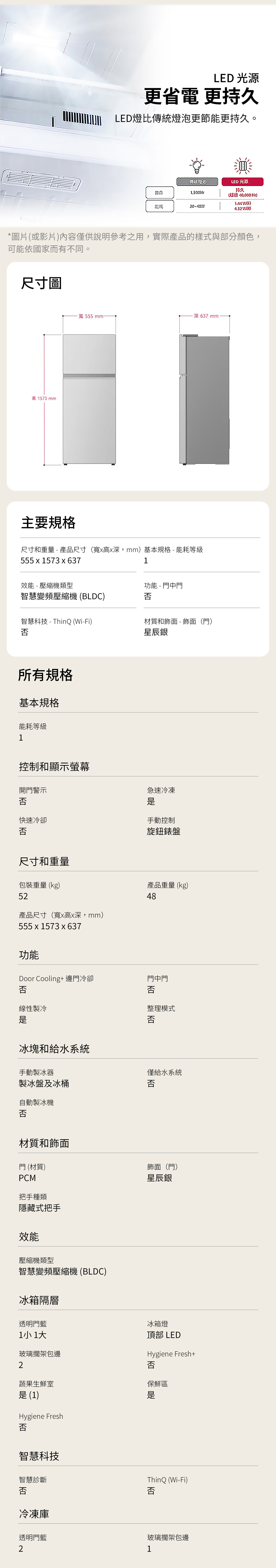 LED 光源更省電 更持久LED燈比傳統燈泡更節能更持久。LED 光源久 ))4.32W(R)*圖片(或影片)內容僅供說明參考之用,實際產品的樣式與部分顏色,可能依國家而有不同。尺寸圖高1573mm主要規格深637mm寬555mm-尺寸和重量 - 產品尺寸(寬x高x深mm)基本規格-能耗等級555 x 1573 x 6371效能-壓縮機類型功能 - 門中門智慧變頻壓縮機 (BLDC)否智慧科技-ThinQ (Wi-Fi)材質和飾面-飾面(門)否星辰銀所有規格基本規格能耗等級1控制和顯示螢幕開門警示否快速冷卻否尺寸和重量急速冷凍手動控制旋鈕錶盤包裝重量(kg)52產品尺寸(寬x高x深mm)555x1573x637功能產品重量 (kg)48Door Cooling+邊門冷卻門中門否否線性製冷整理模式否冰塊和給水系統手動製冰器製冰盤及冰桶自動製冰機否材質和飾面門 (材質)PCM把手種類隱藏式把手效能壓縮機類型智慧變頻壓縮機(BLDC)冰箱隔層透明門1小 1僅給水系統否飾面(門)星辰銀冰箱燈頂部 LEDHygiene Fresh+玻璃擱架包邊2否蔬果生鮮室保鮮區 (1)是Hygiene Fresh否智慧科技智慧診斷ThinQ (Wi-Fi)否否冷凍庫透明門玻璃擱架包邊21