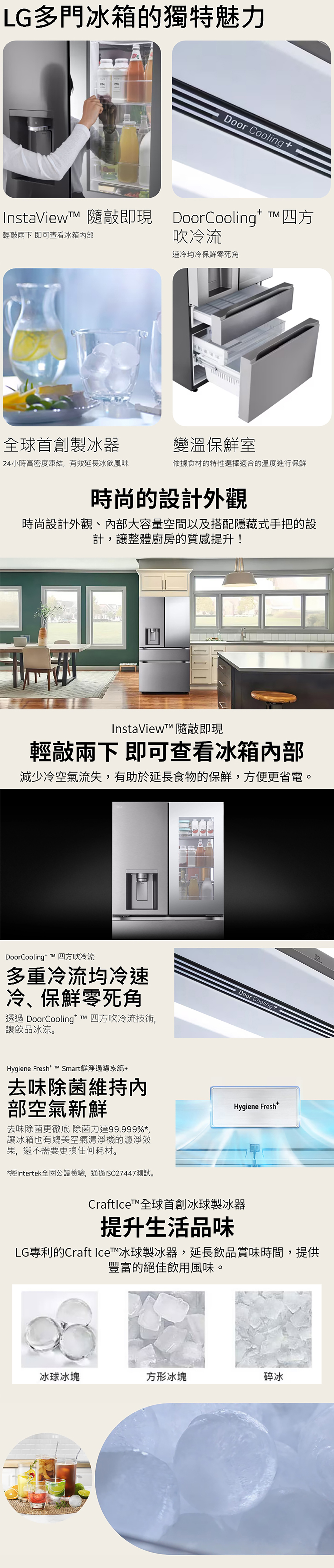 LG多門冰箱的獨特魅力Door CoolingInstaView 隨敲即現 DoorCoolingt 四方輕敲兩下 即可查看冰箱内部吹冷流速冷均冷保鮮零死角製冰器變溫保鮮室24小時高密度凍結,有延長冰飲風味依據食材的特性選擇適合的溫度進行保鮮時尚的設計外觀時尚設計外觀、部大容量空間以及搭配隱藏式手把的設計,讓整體廚房的質感提升!凹InstaView 隨敲即現輕敲兩下 即可查看冰箱內部減少冷空氣流失,有助於延長食物的保鮮,方便更省電。凹DoorCooling+M 四方吹冷流多重冷流均冷速冷、保鮮零死角透過 DoorCooling  四方吹冷流技術,讓飲品冰涼。Door Cooling+Hygiene Fresht T™ Smart鮮過濾系統+去味除菌維持內部空氣新鮮去味除菌更徹底除菌力達99.999%,讓冰箱也有媲美空氣清淨機的濾淨效果,還不需要更換任何耗材。*經Intertek全國公證檢驗,通過ISO27447測試。Hygiene Fresh*CraftIce™冰球製冰器提升生活品味LG專利的Craft Ice™冰球製冰器,延長飲品賞味時間,提供豐富的絕佳飲用風味。冰球冰塊方形冰塊碎冰