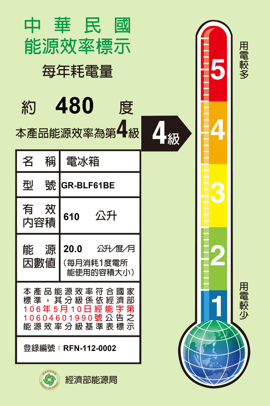 中華民國能源效率標每年耗電量 80度5本產品能源效率一級 4名 稱電冰箱型號 GR-BLF61BE3有效 610公升内容積能源 20.0 公升/度/月因數值(每月消耗1度電所2能使用的容積大小)本產品能源效率國標準,其分級係依經濟106年5月 10日經能字10604601990號公告能源效率分級基準表標登錄編號:RFN-112-0002家第示1 ENERGY經濟部能源局