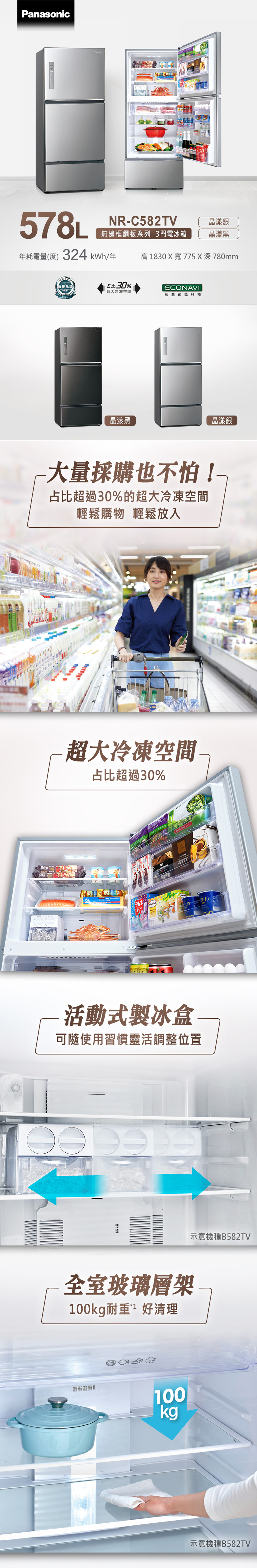 wwwBRD BREDPanasonic 578LNRC582TV無邊框鋼板系列 3門電冰箱晶漾銀晶漾黑年耗電量(度) 324kWh/年高830X寬 775深780mm信譽品牌占比30%ECONAVI超大冷凍空間智慧節能科技23 E晶漾黑-採購也不怕!占比超過30%的超大冷凍空間輕鬆購物 輕鬆放入超大冷凍空間占比超過30% 活動式製冰盒可隨使用習慣靈活調整位置全室玻璃層架100kg耐1清理100kg示意機種B582TV示意機種B582TV晶漾銀