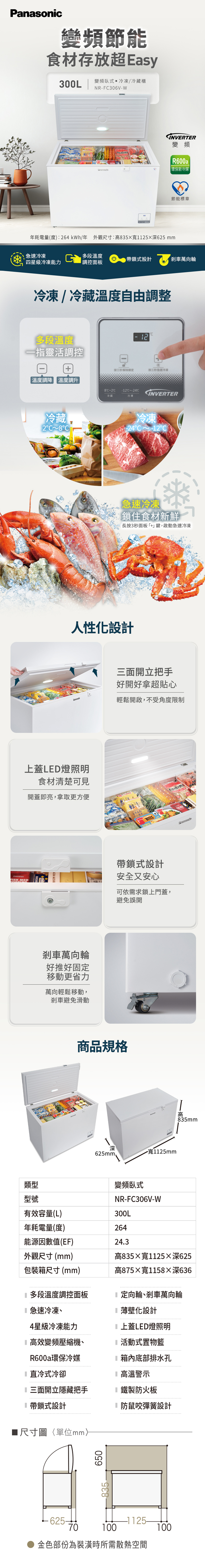 DAGENSFISK MED變頻節能食材存放超Easy0L變頻臥式冷凍/冷藏櫃NRF306V-WBITES變頻R600aanasonic環保新冷媒 年耗電量(度):64kWh/年 外觀尺寸:高8355深6 mm節能標章急速冷凍段溫度0四星級冷凍能力調控面板帶鎖式設計萬向輪冷凍/冷藏溫度自由調整多段溫度一指靈活調控2按三秒解除鎖定按三秒急速冷凍|溫度調降溫度|25~冷藏冷凍INVERTER冷藏2C 8C冷凍-24C -2C急速冷凍鎖住食材新鮮長按3秒面板+鍵,啟動急速冷凍人性化設計上蓋LED燈照明食材清楚可見開蓋即亮,拿取更方便ACNA MUSHR三面開立把手好開好拿超貼心輕鬆開啟,不受角度限制もちもちたい焼きBITES3 帶鎖式設計安全又安心P可依需求鎖上門蓋,剎車萬向輪好推好固定移動更省力萬向輕鬆移動,剎車避免滑動避免誤開商品規格深625mm-1125mm高835mm類型變頻臥式型號NR-FC306V-W有效容量(L)300L年耗電量(度)264能源因數值(EF)24.3外觀尺寸(mm)高835寬1125深625包裝箱尺寸(mm)高875寬1158×深6361 多段溫度調控面板定向輪、剎車萬向輪急速冷凍、4星級冷凍能力薄壁化設計1 上蓋LED燈照明高效變頻壓縮機、活動式置物籃R600a環保冷媒直冷式冷卻三面開立隱藏把手帶鎖式設計1尺寸圖單位mm箱內底部排水孔 高溫警示鐵製防火板防鼠咬彈簧設計65083570-1125-100100金色部份為裝潢時所需散熱空間