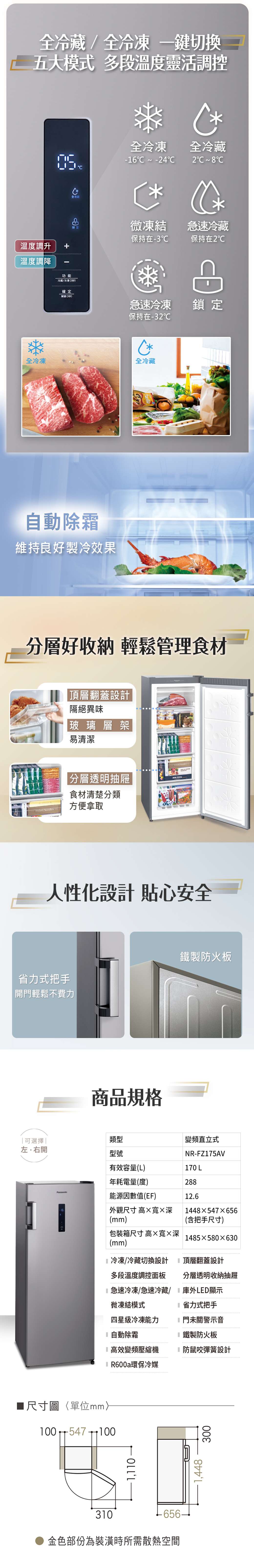 全全鍵切換五大模式 多段溫度靈活調控全冷凍16  -4全冷藏2C全冷微凍結急速冷藏保持在-3保持在2溫度調升+溫度調降-功能冷藏/冷凍確定急速冷凍鎖定保持在-32℃*全冷凍全冷藏自動除霜維持良好製冷效果分層好收納 輕鬆管理食材頂層翻蓋設計隔絕異味玻璃層架易清潔分層透明抽屜 食材清楚分類 Noodles方便拿取人性化設計 貼心安全省力式把手開門輕鬆不費力商品規格鐵製防火板可選擇|類型左.右開型號變頻直立式NR-FZ175AV有效容量(L)170 L年耗電量(度)288能源因數值(EF)12.6外觀尺寸 高寬深1448×547×656(mm)(含把手尺寸)包裝箱尺寸 高×寬×深1485×580×630(mm)冷凍/冷藏切換設計頂層翻蓋設計多段溫度調控面板急速冷凍/急速冷藏/分層透明收納抽屜庫外LED顯示微凍結模式省力式把手四星級冷凍能力門未關警示音自動除霜鐵製防火板高效變頻壓縮機防鼠咬彈簧設計■尺寸圖單位mm100 547 100100547R600a環保冷媒1,110 310-656-金色部份為裝潢時所需散熱空間1,448300