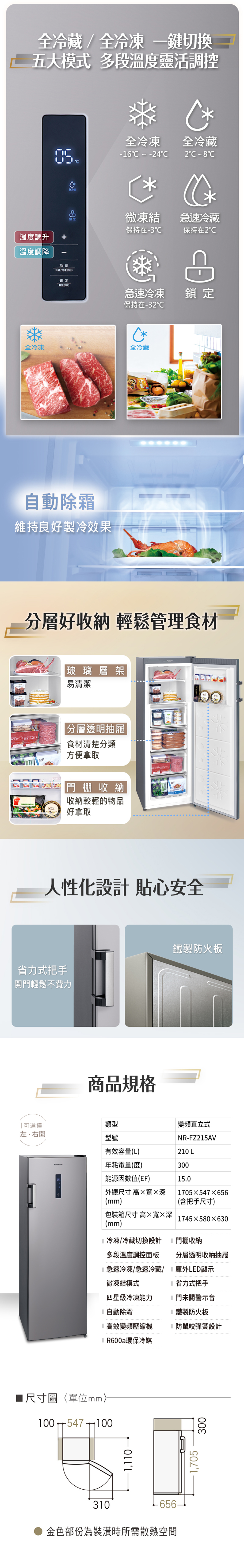 全藏全鍵切換五大模式 多段溫度靈活調控全冷凍-16  -4全2全冷微凍結急速冷藏保持在-3保持在2溫度調升+溫度調降功能冷藏/冷凍)確定急速冷凍鎖定保持在-32全冷凍全冷藏自動除霜維持良好製冷效果分層好收納 輕鬆管理食材玻璃層架 易清潔   分層透明抽屜食材清楚分類方便拿取門棚收納收納較輕的物品好拿取人性化設計 貼心安全省力式把手開門輕鬆不費力商品規格鐵製防火板|可選擇|類型變頻直立式左右開型號NR-FZ215AV有效容量(L)210 L年耗電量(度)300能源因數值(EF)15.0外觀尺寸 高寬深1705547656(mm)(含把手尺寸)包裝箱尺寸 高×寬×深1745×580x630(mm)冷凍/冷藏切換設計門棚收納多段溫度調控板急速冷凍/急速冷藏分層透明收納抽屜庫外LED顯示微凍結模式四星級冷凍能力省力式把手門未關警示音自動除霜鐵製防火板高效變頻壓縮機防鼠咬彈簧設計R600a環保冷媒■尺寸圖〈單位mm100 5471003101,1101,705300面金色部份為裝潢時所需散熱空間