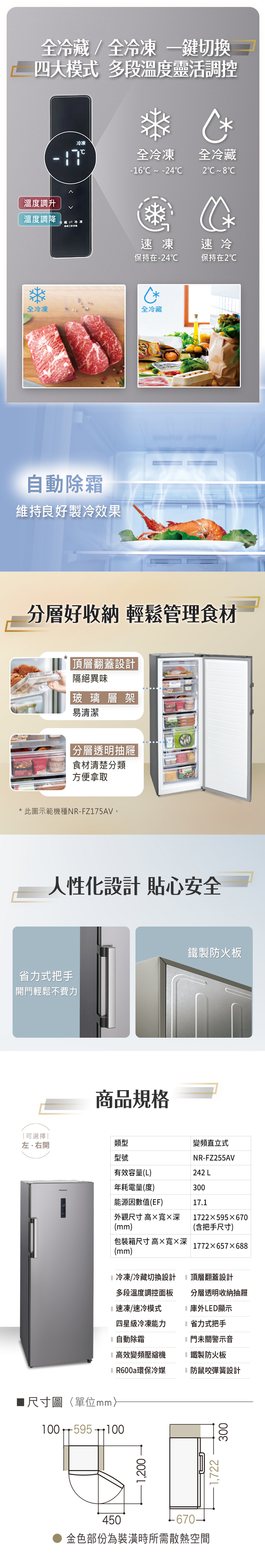 全冷/全 一切換四大模式 多段溫度靈活調控冷凍全冷凍-6  -4全冷藏2溫度調升溫度調降藏冷凍全冷凍除霜維持良好製冷效果速凍速冷保持在-24保持在2全冷藏分層好收納 輕鬆管理食材 頂層翻蓋設計隔絕異味玻璃層架易清潔分層透明抽屜食材清楚分類方便拿取* 此圖示範機種NR-FZ175AV。人性化設計 貼心安全省力式把手開門輕鬆不費力商品規格「可選擇|左右開類型型號鐵製防火板變頻直立式NR-FZ255AV有效容量()242 L年耗電量(度)300能源因數值(EF)17.1外觀尺寸 高寬深1722×595×670(mm)(含把手尺寸)包裝箱尺寸 高×寬×深(mm)1772×657×6881冷凍/冷藏切換設計頂層翻蓋設計多段溫度調控面板分層透明收納抽屜速凍/速冷模式四星級冷凍能力庫外LED顯示省力式把手L 自動除霜門未關警示音高效變頻壓縮機鐵製防火板環保冷媒防鼠咬彈簧設計1尺寸圖單位mm100 5951001,200450-670-金色部份為裝潢時所需散熱空間1,722300