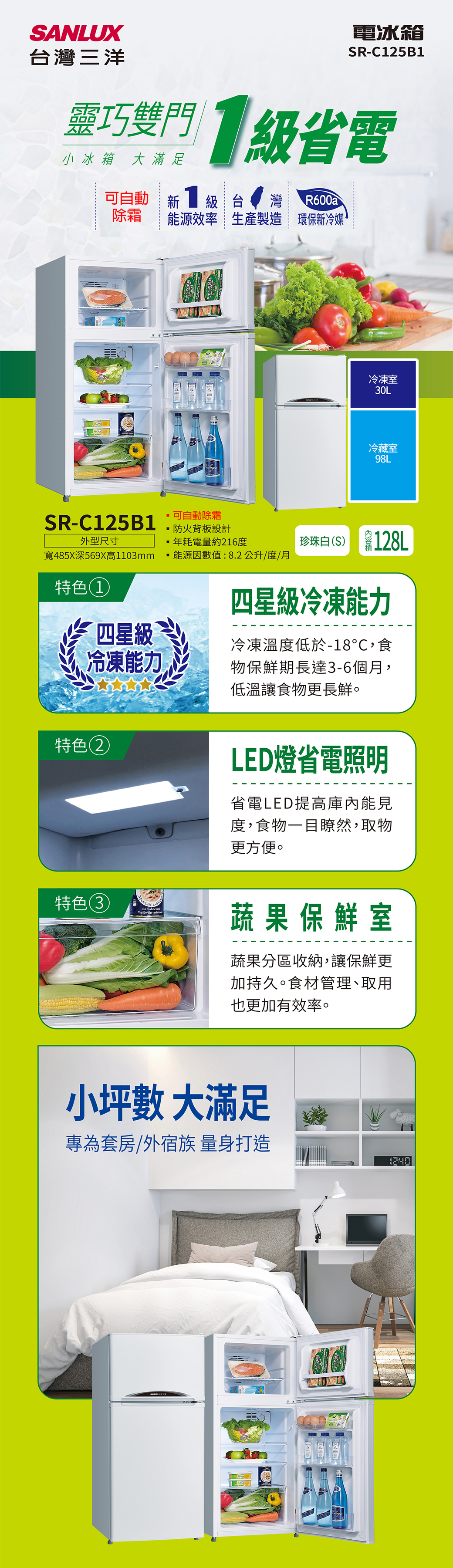 SANLUX台灣三洋電冰箱SR-C5B靈巧雙門1級省電小冰箱大滿足可自動新1級台灣R600a除霜能源效率生產製造 環保新冷媒可自動除霜SR-C125B1防火背板設計冷凍室30L冷藏室98L外型尺寸寬485X深569X高1103mm年耗電量約216度能源因數值:8.2公升/度/月特色珍珠白(S) 128L四星級冷凍能力四星級冷凍能力 冷凍溫度低於-18℃,食物保鮮期長達3-6個月,低溫讓食物更長鮮。特色2特色3CHELWeißwein LED燈省電照明省電LED提高庫內能見度,食物一目瞭然,取物更方便。蔬果保鮮室蔬果分區收納,讓保鮮更加持久。食材管理、取用也更加有效率。小坪數 大滿足專為套房/外宿族 量身打造