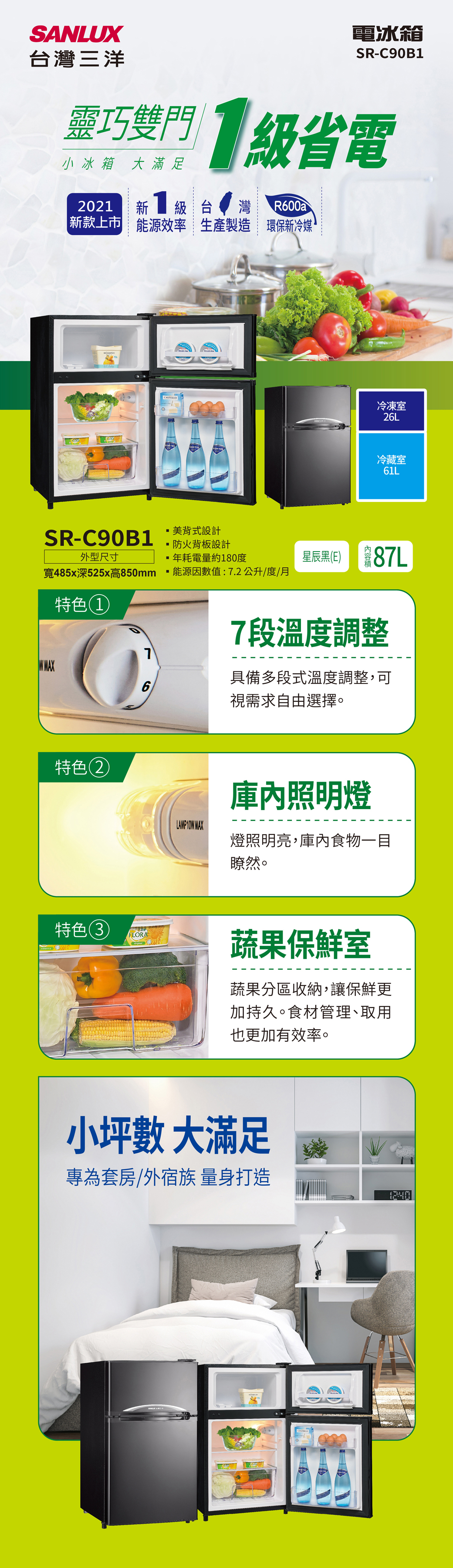 SANLUX台灣三洋電冰箱SR-C90B1靈巧雙門級省電小冰箱 大滿足2021 級台R600a|新款上市 |能源效率生產製造 環保新冷媒SR-C90B1CASTELLO美背式設計防火背板設計外型尺寸年耗電量約180度寬485x深525x高850mm能源因數值:7.2公升/度/月特色1冷凍室26L冷藏室61L星辰黑(E) 87L7段溫度調整WMAX具備多段式溫度調整,可6視需求自由選擇。特色2特色3FLORALAMP MAX庫內照明燈燈照明亮,庫內食物一目瞭然。蔬果保鮮室蔬果分區收納,讓保鮮更加持久。食材管理、取用也更加有效率。小坪數 大滿足專為套房/外宿族 量身打造