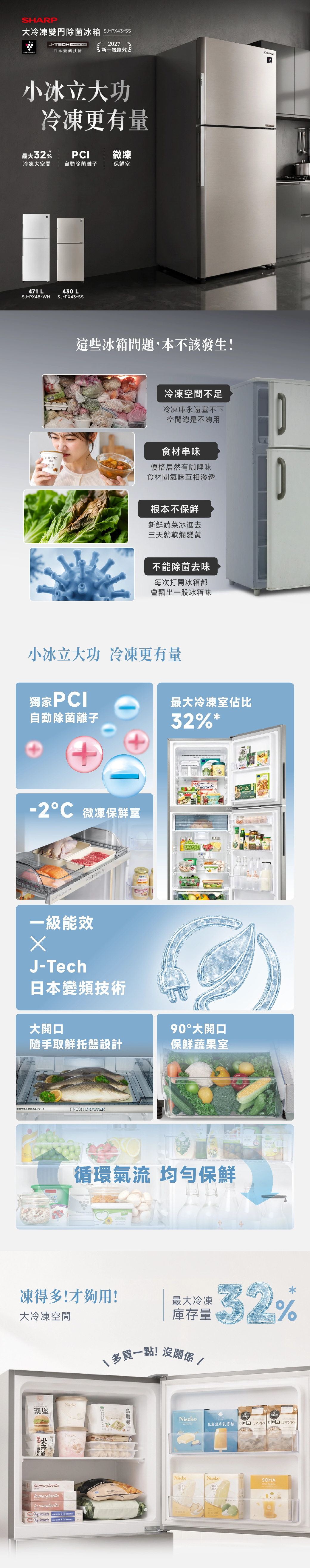 SHARP大冷凍雙門除菌冰箱 SJ-P43-SSJ-TECH INVERTER2027日本變頻技術新一級能效小冰立大功冷凍更有量最大32PCI微凍冷凍大空間自動除菌離子保鮮室47 LSJ-PX48-WHYOGURT價格430 LSJ-PX43-SS這些冰箱問題,本不該發生!冷凍空間不足冷凍庫永遠塞不下空間總是不夠用食材串味優格居然有咖哩味食材間氣味互相滲透根本不保鮮新鮮蔬菜冰進去三天就軟爛變黃不能除菌去味每次打開冰箱都會飄出一股冰箱味小冰立大功 冷凍更有量獨家PCI自動除菌離子+-2 微凍保鮮室EXTRA   一級能效XJ-Tech日本變頻技術HEINZ 最大冷凍室佔比32%*大開口90°大開口隨手取鮮托盤設計保鮮蔬果室EXTRA COOL PLUSFRESH RAWER循環氣流 均勻保鮮ORIGINALMINCE D凍得多!才夠用!最大冷凍大冷凍空間 32%庫存量多買一點!沒關係/漢堡la margheritaNiseko鳥Niseko北海道  1 Nisckola margheritala margheritaRelande   NisekoNisekoSOMA