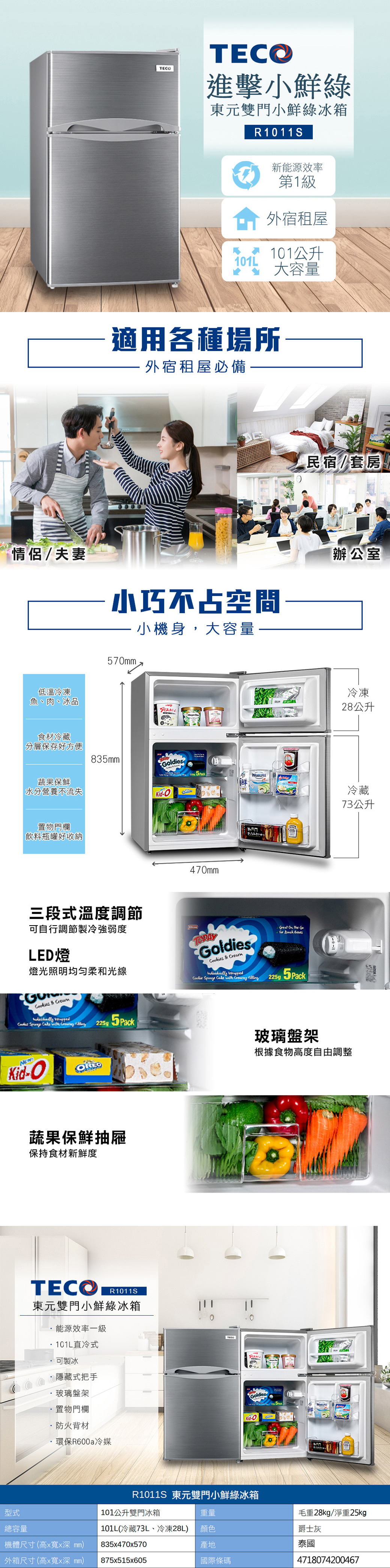 TECTEC進擊小鮮綠東元雙門小鮮綠冰箱R 1011 S新能源效率第1級外宿租屋101公升大容量適用各種場所外宿租屋必備民宿套房情侶/夫妻小巧不占空間570小機身,大容量辦公室低溫冷凍魚、肉、冰品食材冷藏分層保存好方便835蔬果保鮮水分營養不流失置物門欄飲料瓶罐好收納冷凍28公升烤肉ldies470mmチョコサンドクッキー三段式溫度調節可自行調節製冷強弱度LED燈燈光照明均匀柔和光線  Goldiess &  On the Go   Cookie     225g     with  225g5PackKid-O蔬果保鮮抽屜保持食材新鮮度TECOR1011S東元雙門小鮮綠冰箱能源效率一級101L直冷式可製冰·隱藏式把手玻璃盤架置物門欄防火背材環保R600a冷媒TECO冷藏73公升玻璃盤架根據食物高度自由調整GoldiesKid-O型式R1011S 東元雙門小鮮綠冰箱101公升雙門冰箱總容量機體尺寸(高x寬xmm101L(冷藏73L、冷凍28L835x470x570外箱尺寸(高x寬x深mm) 875x515x605重量顏色產地國際條碼毛重28kg/淨重25kg爵士灰泰國4718074200467