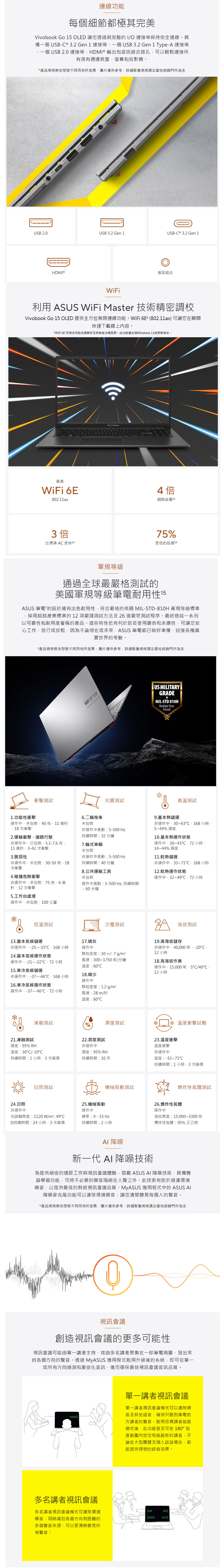 連線功能每個細節都極其完美 Go  LED 讓您透過其完整的I/O 連接埠保持完全連線。具備一個 USB- ® 3.2 Gen1 連接埠一個 USB 3.2 Gen 1 Type-A 連接埠、一個 USB 2.0 連接埠、HDMI ® 輸出和音訊組合插孔可以輕鬆連接所有現有週邊裝置、螢幕和投影機。產品規格將依型號不同而有所差異圖片僅供參考詳細販售規格請洽當地經銷門市為主USB 2.0USB 3.2 Gen 1USB-C ® 3.2 Gen 1HDMI®音訊組合WiFi利用 A WiFi Master 技術精密調校 Go 15 OLED 提供全方位無限連線功能。WiFi  (802.11ax) 可讓您在瞬間快速下載線上容。*WiFi 6E 可用性可能依據國家及其特定法規而異。此功能僅支援Windows 11或更新版本。ASUS Vivobook最高WiFi 6E802.11ax4網路容量123 倍比標準 AC更快1375%更低的延遲14軍規等級通過全球最嚴格測試的美國軍規等級筆電耐用性15ASUS 筆電的設計擁有出色耐用性符合嚴格的美國 MIL-STD-810H 軍規等級標準採用超越產業標準的12項嚴謹測試方法及26道嚴苛測試程序。最終造就一系列以可靠性和耐用度著稱的產品。這些特性也有利於延長使用壽命和永續性可讓您安心工作、旅行或放鬆因為不論現在或未來ASUS 筆電都已做好準備迎接各種真實世界的考驗。*產品規格將依型號不同而有所差異圖片僅供參考詳細販售規格請洽當地經銷門市為主SUS VivobookUS MILITARYGRADEMIL-STD 810HMultiple TestsPassed衝擊測試1.功能性衝擊6.二輪拖車抗震測試高溫測試9.基本熱儲運運作中未包裝4011毫未包裝次衝擊2.運輸衝擊- 道路行駛非運作中振動:持續時間:32 分鐘非運作中30~63168 小時5~44% 濕度10.基本熱運作狀態非運作中已包裝5.1-7.6克7.輪式車輛運作中30~4372小時11 毫秒3-42次衝擊14~44% 濕度未包裝3.脆弱性非運作中振動:5-500 Hz11.乾熱儲運非運作中未包裝30-50克18持續時間:40分鐘次衝擊4.碰撞危險衝擊8.公共運輸工具非運作中33~71168 小時12.乾熱運作狀態未包裝運作中32~49 小時非運作中未包裝克6毫秒次衝擊運作中振動:5-500 Hz 持續時間:60分鐘5.工作台處理運作中未包裝100 公釐低溫測試沙塵測試海拔測試13.基本氣候儲運17.噴灰非運作中-25~-33168小時運作中19.高海拔儲存非運作中,40,000呎,-20,14.基本氣候運作狀態顆粒密度:10+/-7g/m3風速:300~1750呎/分鐘12 小時運作中,-21~32,72 小時18.高海拔作業溫度:6015.寒冷氣候儲運非運作中,-37~46,168 小時16.寒冷氣候運作狀態運作中,15,000呎,5/4012 小時18.噴沙運作中顆粒密度:1.2 g/運作中,-37~4672 小時風速:28m/秒溫度:60凍融測試%濕度測試*溫度衝擊試驗22.濕度測試非運作中濕度:95% RH23.溫度衝擊溫度衝擊21.凍融測試濕度:95% RH溫度:30/-10C非運作中持續時間:1小時,3次循環持續時間:10 溫度:-51~71持續時間:1小時,3次循環日照測試機械振動測試爆炸性氣體測試24.日照非運作中25.機械振動運作中運作中光譜輻照度:1120W/m²,49℃頻率: 4-33 Hz26.爆炸性氣體海拔高度:15,000~3300 呎D持續時間:24小時,3次循環持續時間:2小時爆炸性氣體:95%正己烷 降噪新一代 AI 降噪技術為提供絕佳的遠距工作與視訊會議體驗,搭載ASUS AI 降噪技術,具備機器學習功能,可將不必要的噪音隔絕在人聲之外。此技術有助於過濾環境噪音,以提供最佳的群組視訊會議品質。MyASUS 應用程式中的 ASUS AI降噪麥克風功能可以濾除環境噪音,讓您清楚聽見每個人的聲音。*產品規格將依型號不同而有所差異,圖片僅供參考,詳細販售規格請洽當地經銷門市為主視訊會議創造視訊會議的更多可能性視訊會議可能由單一講者主持,或由多名講者聚集在一部筆電周圍,發出來自各個方向的聲音。透過MyASUS 應用程式啟用升級後的系統,即可從單一或所有方向偵測和最佳化音訊,進而確保最佳視訊會議音訊品質。單一講者視訊會議單一講者視訊會議模式可以濾除噪音及其他語音,確保只聽到筆電前方講者的聲音。啟用目標講者追蹤模式後,此功能甚至可在180°弧度範圍內定位和追蹤新的講者,不論在大型團體及個人談話場合,都能提供理想的錄音效果。多名講者視訊會議多名講者視訊會議模式可濾除環境噪音,同時識別各個方向和距離的多個聲音來源,可以更清晰聽見所有聲音。O