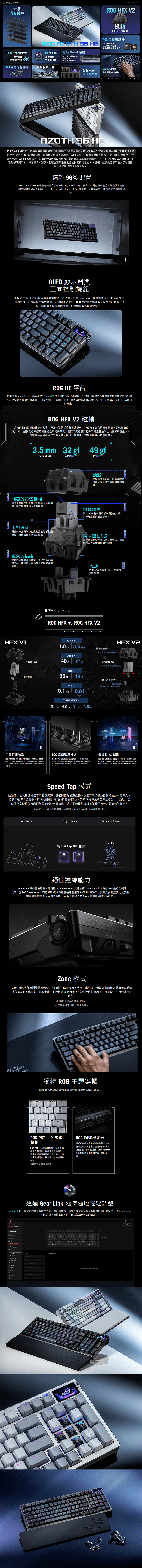 六層消音結構 HE peedNova領先業界無線連接技術 Gear Link全新 Gasket 結構驅動免下载安装可透過可替换式吸震泡棉自調整軟硬度ROG主題透明鍵帽頂規上蓋ROG .0mm 精準度ROG霍爾加強的精準度優化的省電效率ROG更高的通量耐受力全彩 OLEDZone 競技時刻打造觸控顯示器AZOTH 6 HEROG Azoth 96 HE 是一款無線磁電競鍵將專業級效注入俐落且精巧的96% 配置中搭載可熱插拔 ROG 2磁與次世代 ROG 霍爾應器確保極速的偵測與的反應三模連線讓您在最多五台裝置無縫切換並具備高達8000 Hz 的輪詢率鮮豔的 OLED 觸控螢幕與直覺的旋鈕讓系統設定觸手可及而六層消音設計確保每一次都感到柔軟穩定且令人滿意在頂級金屬上蓋並搭配標誌性的 ROG 鍵帽款鍵盤不只是為了遊戲而生更是為了盡情展現風格精巧 96% 配置ROG Azoth 96 HE 的配置完美融合了效率與功能其尺寸僅比標準 TL 鍵盤一公分卻提供了完整的數字鍵區及 Print Screen、Screen Lock、Home 和 End 等功能,使其不論在工作或遊戲中都非常適合OLED 顯示器與三向控制旋鈕1.47 全彩 OLED 觸控螢幕讓鍵盤狀態一目了然,包括 aps Lock、連線模式以及PMac 設定指示燈它還能顯示電池電量、多媒體播放資訊、CPU溫度等系統參數,以及自訂動畫搭配三向控制旋鈕與專用側鍵,可無縫存取各項要設定ROG HE 平台ROG HE 是全新的平台,具有結構升級,可提供更佳的穩定性和效能它是使用霍爾效應開關並支援熱插拔磁軸相容性的 ROG 鍵盤插槽平台識別在HE 平台中,磁軸可在所有受支援的 ROG HE 鍵盤上共用,並支援未來在同一插槽內的升級 HEX V ROG HX V2 磁軸這款最新的預潤磁軸帶來紮實、極致精準的與極速反應,並擁有1億次的壽命,聚碳酸酯頂殼、POM 塑膠鍵與底殼確保極致順暢的擊鍵,而鍵柱設計提升了穩定性並防止灰塵和碎屑進入這讓不論在遊戲或打字時,都能獲得一致順暢、可靠且精確的按壓體驗.5 mm 32 49 行程距離初始阻力總阻力相容於市售鍵帽頂殼具備高度拋光鍵柱接觸區的 PC頂殼,確保極致順暢的鍵軸觸發。標準十字鍵柱設計確保相容於大多數鍵帽,讓使用者能隨心自訂設置鍵軸鍵柱複合 POM 材料實現低摩擦係數,帶來非凡順暢的擊鍵手感。卡扣設計獨特的卡扣機制防止鍵柱影響磁鐵運動,確保精確且準確的驅動。更大的磁鐵鍵柱設計「提升擊鍵穩定性並防止灰塵侵入,同時「維持與大多數鍵帽的相容性。擴大的磁鐵提升磁通量,實現更高的精確度和反應速度,降低意外按壓或漏鍵風險底殼POM 底殼帶來更深沉、更細緻的擊鍵聲。HFX 206ROG HFX vs ROG HFX V2行程距離4.0 mm3.5 mm初始阻力優化的上蓋設計增加市售鍵帽的相容性HFX V2HFX V2一體式軸心設計40 gf 32 gf卡扣式軸心設計增加磁鐵移動的穩定性側磁設計總阻力55 49 gf加大的磁鐵尺寸增加磁通量觸發點以實現 0.01mm 的準確度0.1mm0.01mm可調整的觸發距離4.0mm0.1 mm 3.5 mm可自訂驅動點憑藉ROG 霍爾感應器與 HFX V2 磁,ROG Azoth 96 HE的 0.1-3.5 mm 驅動範圍可以 0.01mm 為步進進行精確調整。驅動點可透過三向旋鈕或網頁的 Gear Link 介面進行。ROG 霍爾效應技術利用 HFX V2 磁增加的磁通量容差,IC 直接安裝在PCB 上,使其能更靠近磁鐵而不受電路板厚度影響,這在不影響飽和度的情況下進一步提升了磁感测的準確。軸 磁軸傳統機械轴需要返回重才可執行下一次點擊,透過ROG HFX V2 磁和 Rapid Trigger 功能,鍵軸在向上移動時會立即,不需費力即可實現最大化的急停。Speed Tap 模式啟動後,當快速連續按下兩個按鍵時,鍵盤將優先處理最後一次按下的按鍵並自動釋放前一個輸入。這表示在FPS遊戲中,按下兩個相反方向的按鍵例如AD將不再導致角色停止移動;相反地,現在可以立即改變方向而無需放開前一個按鍵,消除了急停的時間差並確保每一次都能精準瞄準。*Speed Tap 功能預設為關閉。同時按住Caps鍵1秒鐘即可啟動。Key PressSignal InputSpeed Tap OffDASFDAction In Gameidle絕佳連線能力Azoth 96 HE 具備三模連線,可透過 ROG SpeedNova 無線技術、Bluetooth® 或有線 USB進行無縫連線。在 ROG SpeedNova 與有線 USB 模式下體驗極速響應的8000Hz 輪詢率,其輸入更新速度比大多數電競鍵盤快達8倍-將延遲從1ms 降低到0.125ms,實現精確的即時操作。ROGZone 模式Zone 模式可釋放巔峰競賽效能,同時停用 RGB 燈效等功能。啟用後,預設會將關鍵遊戲按鍵自動設定為 8000Hz 輪詢率,而較少使用的按鍵則降至 250Hz。每個按鍵的輪詢率可根據使用者喜好進一步FORTHOSEKL自訂。*同時按下Fn+鍵即可啟動。**已預設選定按鍵以優化效能。獨特 ROG 主題鍵帽額外的 ROG 標誌半透明鍵帽提供獨特的客製化選項。 C。FnROG PBT 二色成型鍵帽ROG PBT 二色成型鍵帽提供頂級手感與長效耐用性。鍵帽設計經過優化,採用中等高度鍵帽與較短的鍵柱,以減少鍵帽晃動,提供更舒適的使用體驗。*材質可能因地區而異。ROG 鍵盤穩定器預潤的鍵盤穩定器經過特別調校,將玩家需求納入考量;它能減少摩讓擦,(例如空白鍵、Shift 和 Enter)長按鍵能夠傳達與原始鍵軸手感一致的敲盤。透過 Gear Link 隨時隨地輕鬆調整Gear Link 是一款全新的網頁應用程式,讓玩家無需下載額外檔案或進行安裝即可自訂鍵盤設定。只需訪問 GearLink 網頁,連接裝置,即可直接從瀏覽器微調設定。 + () C Mode 1 +Num- ]9HomePgUp/03Del