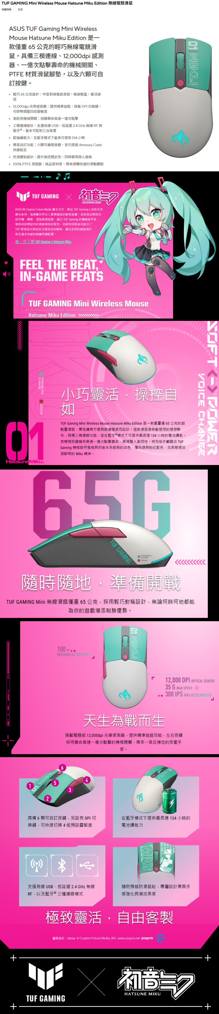 GAMING Mini Wieless Mouse Hatsune Miku Edition 功能特色支援ASUS TUF Gaming Mini WirelessMouse Hatsune Miku Edition款僅重65公克的輕巧無線電競滑鼠具備三連線12000dpi 感測器一次點擊壽命的機械開關、PTFE 材質滑鼠墊,以及六可訂按鍵 輕巧 65 公克設計中型對稱電競滑鼠,機身輕盈,靈活操控 12,000dpi 光學感測器提供精準追蹤,搭載DPI換鍵,可即時調整四段 高耐用機械開關:按鍵壽命高達一億次點擊 三模連線設計:支援有線USB、24GHz無線 RF與藍牙,最多可配對三台裝置超強續航力:在藍牙模式下最長可使用 134 小時 簡易自訂功能:六可編程按鍵,並可透過Armoury Crate快速設定 防滑握貼設計:提升操控穩定性,同時展現個人風格 100% PTFE 滑鼠腳:高品質材質,帶來順暢快速的滑動體驗TUF GAMING初音 ASUS 與 Crypton Future Media 攜手合作,推出 TUF Gaming x 初音未來聯名系列,為遊戲世界注入赛博風格的嶄新波產品陣容包括耳機、鍵盤、滑鼠與滑鼠墊、融合 TUF Gaming 的機械装甲學與初音標誌性的與粉紅配色這款特別版系列結合了TUF 經典設計與初音活潑俏皮的精神,讓玩家與粉絲能夠打造充滿未來感的遊戲周邊配置。進一步了解 TUF Gaming x Hatsune MikuFEE THE BEAT,INGAME FEATSTUF GAMING Mini Wireless MouseHatsune Miku Edition 01 SOFT VOICE CHANGE01Hatsune Miku.小巧靈活,操控自如TUF Gaming Mini Wireless Mouse Hatsune Miku Edition 是一款重量僅65公克的超輕量滑鼠,專為攜帶方便與舒適握感而設計。這款滑鼠是移動使用的理想夥伴,具備三模連線功能,並在藍牙模式下可提供最長達134小時的電池續航。其機械按鍵擁有高達一億次點擊壽命,展現驚人耐用性。特別版外觀融合 TUFGaming 機械裝甲風格與初音未來經典的白色、薄荷與粉紅配色,完美展現活潑鮮明的 Miku 精神。65GTUF GAMINGPARAMETERCHANGEERROR隨時隨地,準備開戰TUF GAMING Mini 無線滑鼠僅重65公克,採用輕巧對稱設計,無論何時何地都能為你的遊戲增添制勝優勢。100 MECHANICAL SWITCHESL5r12,000 DPI OPTICAL SENSOR35 G MAX SPEED - 300 IPS MAX ACCELERATION天生為戰而生搭載電競級 12,000dpi 光學感測器,提供精準追蹤效能,左右按鍵採用壽命高達一億次點擊的機械開關,帶來一致且穩定的按壓手感。具備6顆可自訂按鍵,另設有DPI切換鍵,可快速切換4組預設靈敏度在藍牙模式下提供最長達134小時的電池續航力支援有線 USB、低延遲2.4GHz 無線隨附預裁防滑鼠貼,專屬設計兼具手RF,以及藍牙® 三種連線模式感強化與潮流美感極致靈活,自由客製藝術設計:  Crypton Future Media, INC. www.piapro.net piapro典TUF GAMING初音HATSUNE MIKU