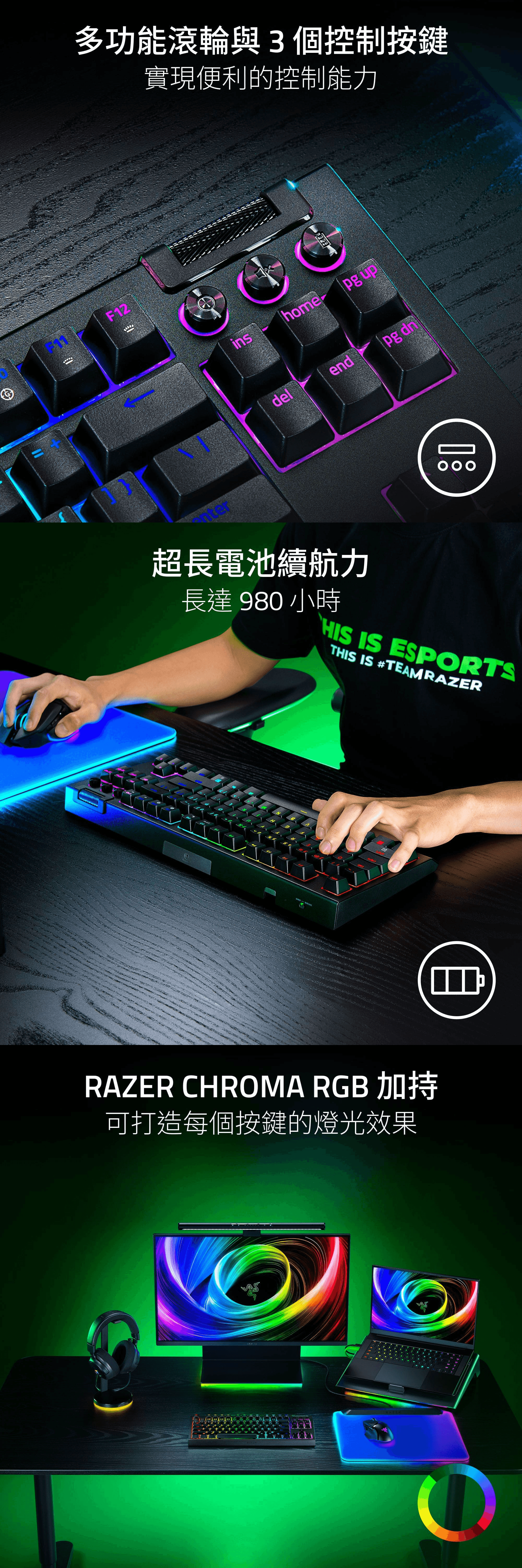 多功能滾輪與3個控制按鍵實現便利的控制能力11F12nterinshome updelend 超長電池續航力長達 980 小時HIS IS ESPORTSTHIS IS #TEAM RAZERRAZER CHROMA RGB 加可打造每個按鍵的燈光效果RAZER