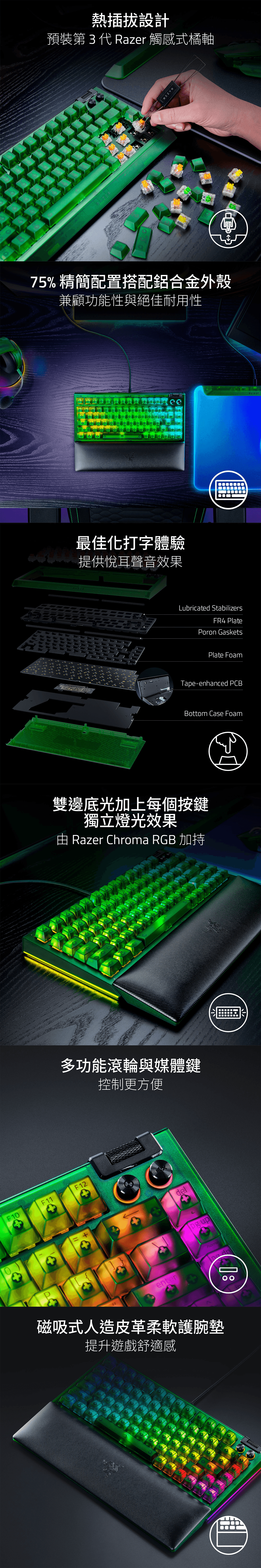 RAZER552 鋁合金上蓋FR4 定位板定位板泡棉U0RAZER BLACKWIDOW V4 75%更換體 點燃戰火Razer BlackWidow V4 75% 是精簡的熱插機械式鍵盤採用Razer Chroma RGB 技術專為追求更多自訂選項和更深入沉浸體驗的使用者打造滿足你的狂熱需求從安装新按鍵軸到打造獨特燈光效果你可以依照喜愛的遊玩方式打造專屬鍵盤。熱插拔設計相容針腳和5針腳按鍵軸熱插拔鍵盤的插槽式 PCB 能讓你輕鬆將預裝的按鍵軸換成自訂款實現期望中的按鍵觸感。RAZER第 3 代 RAZER™ 觸感機械橘軸預裝鍵軸提供具觸感回饋的靜音按鍵敲擊感Razer 觸感機械橘軸具備更加安靜的觸發動作而且每次按鍵均能提供令人滿意的觸覺反饋讓這項產品成為想要豐富觸感反饋及無按鍵聲的玩家完美首選。精簡 75% 配置搭配鋁質上蓋兼具功能性與絕佳耐用性鍵盤採用精簡配置但仍保留功能鍵列與方向鍵讓你能使用基本指令並採用鋁製鍵盤上蓋維小巧外型的同時保持無比堅固。最佳化的打字體驗聲音悅耳動人採用以襯墊固定的FR4定位板、膠帶強化的 PCB、經過潤滑的穩定器以及兩層吸音泡棉讓你享受輕盈平衡的按鍵敲擊感聲音飽滿悅耳。雙射出成型 ABS鍵帽多功能滾輪與2個媒體鍵雙邊底光經過潤滑的穩定器減震襯墊膠帶強化的熱插拔插槽式 PCB支援 80 Hz 輪詢率可選用螺絲穩定器的螺絲孔子板底蓋與兩段式腳架適合所有風格的按鍵敲擊聲無論你追求任何一種鍵盤敲擊聲,我們都有適合的按鍵軸。第3代 RAZER 觸感機械橘軸第3代 RAZER 線性機械黃軸第3代 RAZER 有聲機械軸F10F11雙邊底光與獨立按鍵燈光效果Razer Chroma™ RGB 加持讓熱插拔鍵盤的 RGB 燈光與你的戰鬥基地同步,在數百種整合的遊戲中享受更加身歷其境的體驗。RAZERCHROMARGB多功能滾輪與媒體鍵方便控制從暫停、播放、略過和微調亮度到音量調整等各種功能,讓你在享受娛樂時擁有最高的便利性。F12del uphome dn磁吸式人造皮革柔軟護腕墊更高的遊戲舒適度柔軟緩衝的鍵盤護腕墊提供長時間使用的舒適性,讓你最激烈的遊戲馬拉松中維持動力。其他頂級功能ㄚ8000雙射出成型 ABS鍵帽高達8000 HZ 輪詢率可使用 RAZER SYNAPSE 完整編程全區無衝突和防鬼鍵二合一鍵帽與拔軸器支援螺絲穩定器保固範圍包括修改鍵盤造成的任何內部損壞相容配件00RAZER MECHANICAL SWITCHES RAZER PHANTOM 鍵帽升級套件PACK有聲綠軸或線性黃軸黑色或白色低調布丁鍵帽現亦推出黑色白色