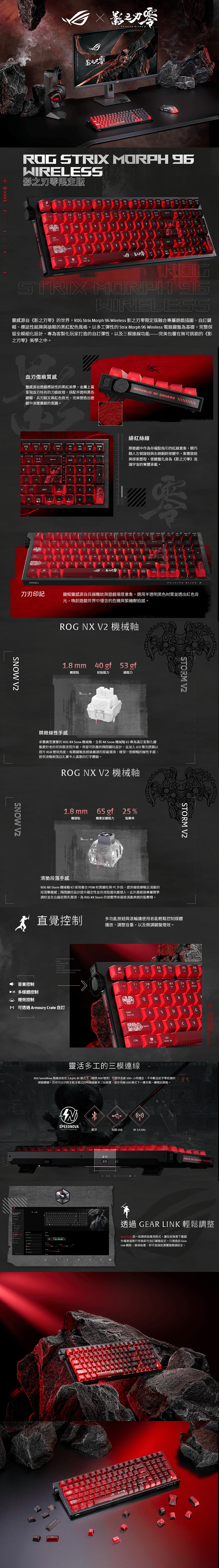 BEG R ORP 6IESS影之限定FF9 FDAPSACTRHSERTYUPDFGHTKLLCBNM12STRI MORPH WIRELESS靈感源自《影之零》的世界,ROG Strix Morh 96 Wireless 影之刃零限定版融合專屬遊戲插圖自訂鍵帽、標誌性銘牌與搶眼的黑紅配色風格。以多工彈性的 Strix Morph 96 Wireless 電競鍵盤為基礎,完整保留全模組化設計、專為客製化玩家打造的自訂彈性,以及三模連線功能——完美包覆在無可挑剔的《影之刃零》美學之中。血刃傷痕質感靈感源自遊戲標誌性的黑紅美學,金屬上蓋重現血刃特有的刀痕紋理,搭配半透明黑色鍵帽、兵刃銘文與紅色背光,完美營造出遊戲中深邃肅殺的氛圍。REPUBLIC OF F12P SHIFTAFNROG刀刃印記SNOW SNOW 2NUM1894562+F2FF63ERASDFX8UIBNM緋紅絲線將遊戲中作為存檔點指引的紅線意象,精巧融入左側旋鈕與右側銅鈴按鍵中,象徵旅途與探索,使鍵盤化身為《影之刃》浩瀚宇宙的實體承載。零9OLKLPHANTOM BLADE鍵帽靈感源自兵器雕紋與遊戲場景意象,選用半透明黑色材質並透出紅色背光,喚起遊戲世界中隱含的危機與緊繃壓迫感。ROG NX V2 機械軸1.8 mm 40 gf 53 gf觸發點初始阻力總阻力精緻線性手感承襲廣受讚譽的 ROG NX Snow 機械軸,全新 NX Snow 機械軸 V2 專為滿足客製化鍵盤愛好者的苛刻需求而升級。保留可防塵的隔間鍵柱設計,並加入LED 導光透鏡以提升 RGB 燈效亮度。每顆鍵軸皆經過嚴謹的原廠潤滑,確保一致順暢的線性手感,提供流暢俐落且扎實令人滿意的打字體驗。ROG NX V2 機械軸1.8 mm65 gf 25 %觸發點觸覺反饋阻力點擊率清脆段落手感ROG NX Storm 機械軸V2 採用複合POM材質鍵柱與PC外殼,提供極致順暢且清脆的段落擊鍵感;隔間鍵柱設計提升穩定性並有效阻擋灰塵侵入。此外還經過專屬聲學調校並在出廠前預先潤滑,為ROG NX Storm 的按壓帶來極致清脆爽朗的點擊聲。STORM V2STORM V2 控制多功能按鈕與滾輪讓使用者能輕鬆控制媒體播放、調整音量,以及微調鍵盤燈效。 音量控制 多媒體控制 F2F3F4F6 ROG23=5%6AWV燈效控制M 可透過Armoury Crate 自訂 WERTYCAPSSPEED ASSDF GCTRLSHIFTXC VALT靈活多工的三模連線ROG SpeedNova 無線技術在2.4GHz RF模式下關閉 RGB 燈效可提供長達500+小時穩定、不中斷且近乎零延遲的遊戲體驗。您也可以切換至蓝牙模式同時連線最多三台裝置,或在有線USB模式下一邊充電一邊暢玩遊戲。SPEEDNOVAWIRELESS TECHNOLOGYA藍牙(p)有線 USBRE 2.4 GHzPUBLIC OF GAMERS \\\\\\\透過 GEAR LINK 輕鬆調整Gear Link 是一款網頁版應用程式,讓玩家無需下載額外Gear檔案或進行安裝即可自訂鍵盤設定。只需造訪Link網頁,連接裝置,即可直接從瀏覽器微調設定。 F