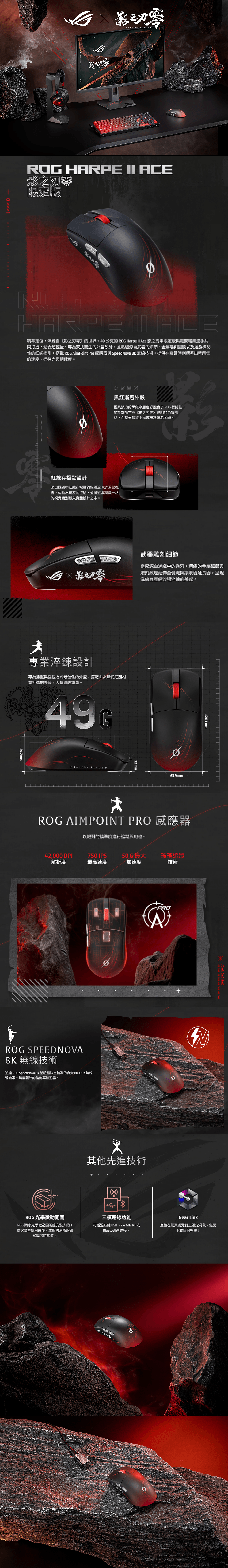 PHATOM BLADE HARPE ACE限定版ROGHARPE ACE精準定位,淬鍊自《影之》的世界。49公克的 ROG Harpe II Ace 影之刃限定版與電競職業選手共同打造,結合超輕量、為競技而生的外型設計,並點綴源自武器的細節、金屬雕刻圖騰以及遊戲標誌性的紅線指引。 ROG AimPoint Pro 感應器與 SpeedNova 8K 無線技術,提供在關鍵時刻精準出擊所需的速度、操控力與精確度。黑紅漸層外殼極具張力的黑紅漸層色彩融合了 ROG 標誌性的設計語言與《影之刃》鲜明的色調風格,在整支滑鼠上淋漓展現聯名美學。紅線存檔點設計源自遊戲中紅線存檔點的指引於滑鼠機身,勾勒出玩家的征途,並將遊戲獨具一格的視覺識別融入實體設計之中。武器雕刻細節影之刃零靈感源自遊戲中的兵刃,精緻的金屬細節與雕刻紋理延伸至側鍵與接收器延長器,呈現洗練且歷經沙場淬鍊的美感。專業淬鍊設計專為抓握與指握方式最佳化的外型,搭配由次世代尼龍材質打造的外殼,大幅減輕重量。39.7 PHANTOM BLADE12 63.9 mm126.1 mmויויויויוROG AIMPOINT PRO 感應器以絕對的精準度進行追蹤與。42,00 DPI750 IPS50G 最大玻璃追蹤解析度最高速度加速度技術·PROROG SPEEDNOVA8K 無線技術透過 ROG SpeedNova 8K 體驗超快且精準的真實8000Hz 無線輪詢率。無需額外的輪詢率加速器。2R 00 6G 06/06 06/06 06/05其他先進技術ROG 光學微動開關ROG 獨家光學微動開關擁有驚人的1億次點擊使用壽命,並提供清晰的訊號與即時觸發。(())N三模連線功能可透過有線 USB、2.4 GHz RF 或Gear Link直接在網頁瀏覽器上設定滑鼠,無需Bluetooth® 連接。下載任何軟體!