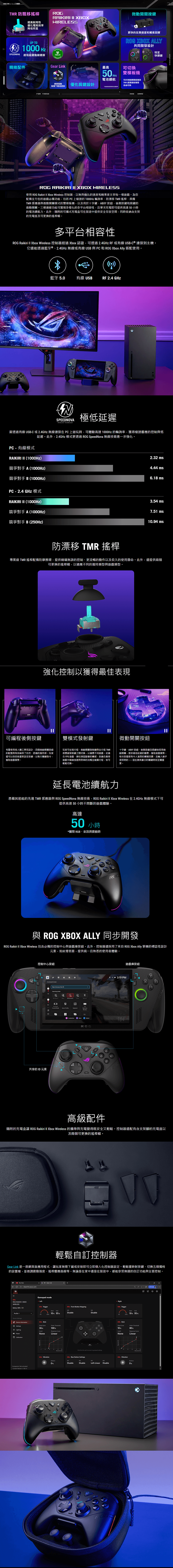 TR 飄移搖桿提高耐用性優化電耗率降低死區UP 1000 PEEDVA 超低延遲無線連精緻配件 TOSERAKIRI XBOXWIRELESS微動開關按鍵 TOFORXBOXGear Link最高更快的反應度和觸覺饋ROG XBOX ALLY共同開發設計可切換0 雙模板機可於微動開關扳機TMR 感應器扳機間自由切换電池續航網頁驅動無需下載或更新優化鍵設計*速接防效及00DAREROG RAIKIRI XBOX WIRELESS使用 ROG Raikiri Xbox Wireless 控制器,以無與倫比的速度和精準度主宰每一場遊戲為您配備全方位的遊戲必備功能,包括P上極速的1000z 輪詢率防漂移 TMR 搖桿具備TMR 感應器與微動開關模式的雙模板機,以及用於十字鍵ABXY 按鈕後側按鍵和鍵的微動開關。三模連線功能可實現多樣化的多平台相容性,且單次充電即可提供高達 0小時的電池續航力。此外,隨附的可攜式充電可在旅途中提供安全存放空間,同時收納含支架的充電座及可更換的搖桿帽。特定快捷鍵多平台相容性ROG Raikiri II Xbox Wireless 控制器經過Xbox 認證,可透過.4GHz RF 或有線 USBC ® 連接到主機。它還能透過藍牙®、2.4GHz 無線或有線 USB 與PC和 ROG Xbox y 搭配使用。藍牙5.0有線 USBRF 2.4 GHzNSPEEDNOVAWIRELESS TECHNOLOGY極低延遲當透過有線 USB-C 或2.4GHz無線連接在PC上遊玩時,可體驗高達1000Hz 的輪詢率,獲得極速響應的控制與低延遲。此外,2.4GHz 模式更透過 ROG SpeedNova 無線技術進一步強化。PC - 有線模式RAIKIRI II (1000Hz競爭對手A(1000Hz)競爭對手B(1000Hz)PC - 2.4 GHz 模式RAIKIRI II (1000Hz)競爭對手A (1000Hz)競爭對手B(250Hz)2.32 ms4.44 ms6.18 ms3.54ms7.51 ms10.94 ms防漂移 TMR 搖桿專業級 TMR 搖桿配備防摩擦環,提供精確無誤的控制、更流暢的動作以及長久的使用壽命。此外,還提供兩個可更換的搖桿帽,以適應不同的握持類型與遊戲類型。可編程後側按鍵強化控制以獲得最佳表現雙模式發射鍵微動開關按鈕考量使用者人體工學而設計,四個微動開關按鈕的配置與佈局確保了自然、舒適的握持感。玩家還可以自由地重新設定按鍵,以執行關鍵指令,獲取遊戲優勢。玩家可在短行程、微動開關發射鍵與全行程 TMR感應器發射鍵之間切換,以適應不同遊戲。從適合FPS遊戲、類似滑鼠的觸感,到適合賽車遊戲中精確加速與煞車的流暢全範圍行程,皆可輕鬆切換。十字鍵、ABXY 按鈕、後側按鍵鍵皆採用微動開關,提供極低延遲的響應,獲取遊戲優勢。每次按壓都有令人滿意的觸覺回饋,且輸入幾乎是即時的這在勝負難分的關鍵時刻至關重要。延長電池續航力憑藉其節能的先進 TMR 感應器與 ROG SpeedNova 無線技術,ROG Raikiri II Xbox Wireless 在 2.4GHz 無線模式下可提供高達50小時不間斷的遊戲體驗。高達50 小時*關閉 RGB、音訊與震動時與 ROG XBOX ALLY 同步開發ROG Raikiri II Xbox Wireless 包含必備的控制中心與遊戲庫按鈕。此外,控制器還採用了來自 ROG Xbox Ally 掌機的標誌性設計元素,如紋理表面,提供統一且熟悉的使用者體驗。控制中心按鈕共享的ID元素Command CenterOpen S Windows PerformanceC Mode -319 PMHBack184ROG遊戲庫按鈕高級配件隨附的充電盒讓 ROG Raikiri II Xbox Wireless 的攜帶與充電變得既安全又輕鬆。控制器還配有含支架腳的充電座以及兩個可更換的搖桿帽。輕鬆自訂控制器Gear Link 是一款網頁應用程式,讓玩家無需下載或安裝即可立即個人化控制器設定。輕鬆重映射按鍵、切換五個獨特的設置,並微調震動強度、搖桿響應曲線等。無論是在家中還是在旅途中,都能享受無縫的自訂功能與全面控制。OYouTube5 Gear LinkI Gearlink.asus.comGamepad modeROG RAIKIRI II XBOXWIRELESSBattery 100Trigger End10% 95%100%Profile 1Device SettingsAll StickDevice InformationDead Outer ThresholdSettings36%100%LightingPowerCalibrationCompanion: Not activated Current Versionc v1,00,13NoneResponse CurveLinear (5)Front Button MappingDisableDisable the to access its gamepad settingsRear Button SettingsM2M4DisableLeft-LinearDisableVibrationBottom0%Disable RightTriggerM InPrivateH 2StartEnd10% 95% StickDead Outer Threshold10%80%Response CurveNoneLinearVibrationBottom0% 回