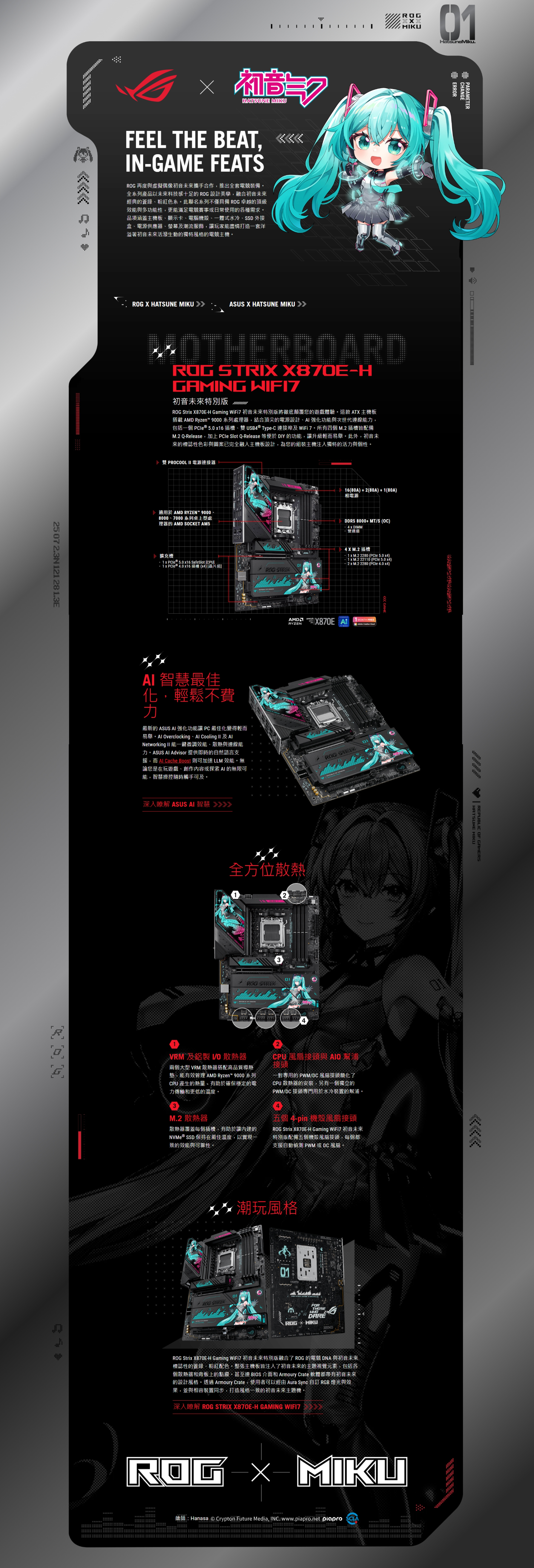 2507 23N121 28 3EHATSUNE MKUFEE THE BEAT INGAME FEATS 再度與虛擬偶像初音未來攜手合作,推出全套電裝備。全系列產品以未來科技感十足的ROG 設美學,融合初音未來經典的綠粉紅色系。此聯名系列不僅具備 ROG 卓越的頂級效能與多功能性,更能滿足電競賽事或日常使用的各種需求。品項涵蓋主機板顯示卡電腦機殼、一體式水冷、SSD 外接盒、電源供應器、螢幕及潮流服飾,讓玩家能盡情打造一套溢著初音未來活潑生動的獨特風格的電競主機。ROG  HATSUNE MIKU ASUS  HATSUNE MIKU LROGMIKUHatsuneMiku.OTHERBOARDROG  870EHGAMING WIFI7初音未來特別版ROG Stri 870EH Gaming WiFi7 初音未來特別版將徹底顛覆您的遊戲體驗。這款AT 主機板搭載  Ryzen 9000 系列處理器,結合頂尖的電源設計、 強功能與次世代連線能,包括一個  5.0 16插槽、雙USB4  TypeC 連接埠及 WiFi 7。所有四個 M.2 插槽皆配備M.2 Q-Release,加上PCle Slot Q-Release 等便於 DIY 的功能,讓升級輕而易舉。此外,初音未來的標誌性色彩與圖案已完全融入主機板設計,為您的組裝主機注入獨特的活力與個性。雙 PROCOOL  電源連接器1. 於 AMD RYZEN 9000、8000、7000系列桌上型處理器的 AMD SOCKET AM5計 擴充槽    5.0 16 SafeSlot CPU]1   4.0 16插槽(4) [晶片組]ISTRIROG STRI 智慧最佳化,輕鬆不費力最新的 ASUS  強化功能讓PC最佳化變得輕而易舉。Al Overclocking 、 Al Cooling II 及AlNetworking II 能一鍵微調效能、散熱與連線能力。ASUS AI Advisor 提供即時的自然語言支援,而 Al Cache Boost 則可加速 LLM 效能。無論您是在玩遊戲、創作內容或探索 AI 的無限可能,智慧操控隨時觸手可及。深入瞭解 ASUS AI 智慧16(80A)+2(80A)+1(80A)相電源DDR5 8000+ MT/S (OC) 4 x DIMM雙通道4  M.2 插槽 x M.2 2280 (PCle 5.0 x4) x M.2 22110 (PCle 5.0 x4)2xM.2 2280 (PCle 4.0 x4)RYZENAMD 870E AMONTH FREExxx全方位散熱301ROG STRI  ROG  ERRORCHANGEPARAMETER 及鋁製 散熱器兩個大型 VRM 散熱器搭配高品質導熱墊,能有效管理 AMD Ryzen™ 9000系列CPU 產生的熱量,有助於確保穩定的電力傳輸和更低的溫度。M.2 散熱器散熱器覆蓋每個插槽,有助於讓內建的NVMe ® SSD 保持在最佳溫度,以實現-致的效能與可靠性。CPU 風扇接頭與  幫浦接頭一對專用的 PWM/DC風扇接頭簡化CPU散熱器的安裝,另有一個獨立的PWM/DC 接頭專門用於水冷裝置的幫浦。4五個 4-pin 機殼風扇接頭ROG Strix 870E-H Gaming WiFi7 初音未來特別版配備五個機殼風扇接頭,每個都支援自動偵測 PWM或DC風扇。XX潮玩風格XXX01XXXxROG STRIXXX01FORTHOSEXROG Strix -H Gaming WiFi7 初音未來特別版融合了 ROG 的電競 DNA 與初音未來標誌性的蒼綠、粉紅配色。整張主機板皆注入了初音未來的主題視覺元素,包括各個散熱器和背板上的點綴。甚至連 BIOS 介面和 Armoury Crate 軟體都帶有初音未來的設計風格。透過 Armoury Crate,使用者可以經由 Aura Sync 自訂 RGB 燈光與效果,並與相容裝置同步,打造風格一致的初音未來主題機。深入瞭解 ROG STRIX X870E-H GAMING WIFI7REPUBLIC OF GAMERSHATSUNEMIKUROG--MIKU繪師:Hanasa © Crypton Future Media, INC. www.piapro.net piapro