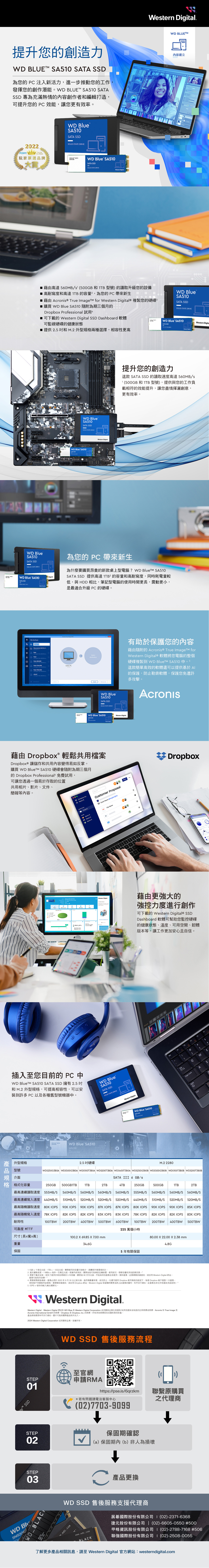 igitalD UE提升您創造力D BLUE   為您  注入新活力,進一步推動您的工作發揮您的創作潛能WD BLUET   專為充滿熱情的內容創作者編輯打造,可提升您的  效能,讓您更有效率。內容建立022WD BlueA50SATA   !The Bet Brand玩家票選品牌WD BLUE SA50SATA 大賞WD Blue SA510SATA SSD    藉由高達 560B/ 500GB 和  號)的讀取升級您的設備 高耐寫度和高達1的容量,為您的P帶來新生 藉由 Acronis® True  for Western ® 複製您的硬碟■ 購買 WD Blue SA510 隨附為期三個月的Dropbox Professional 試用■ 可下載的 Western Digital SSD Dashboard 軟體可監視硬碟的健康狀態■ 提供 25 和M2 外型規兩種選擇,相容性更高WD BlueSA510SATA SSDSOLID  WD Blue SA510SATA SSD STATE DRIVEDWD BlueSA510SATA SSDSOLID STATE DRIVEWD Blue SA510SATA SSDWestern Digital88.提升您的創造力這款 SATA SSD 的讀取速度高達 560MB/s1500GB 和 1TB 型號),提供與您的工作負載相符的效能提升,讓您盡情揮灑創意,更有效率。   WD BlueSA510SATA SSDSOLID STATE DRIVE SATA WD Blue SA510 DigitalSATA SSD-為您的 P 帶來新生為什麼要購買昂貴的新款桌上型電腦? WD  SA510SATA SSD 提供高達1TB²的容量和高耐寫度,同時耗電量較低,與 HDD 相比,筆記型電腦的使用時間更長,震動更小,是最適合升級 P 的硬碟。AMy backupsB Entire P  FlashC  M  LFlash 720x1280C  Flash 768x1280C  sdcard    Acronis True Image 26Entire PC TBSelectdestinationWD BlueSA510SATA SSDSOLID STATE DRIVEWD Blue SA510Western Digital.SATA SSDSOLID STATE DRIVE藉由 Dropbox® 輕鬆共用檔案Dropbox® 讓儲存和共用內容變得易如反掌。購買 WD  SA510 硬碟會隨附為期三個月的 Dropbox Professional 免費試用可讓您透過一個易於存取的位置共用相片、影片、文件、簡報等內容。, Company Inc. Name  ProjectsSearchShareCustomer Proposal Event Name @Angela @JayFile Name(01.插入至您目前的 PC WD  SA510 SATA SSD 擁有 2.5 和 M.2 外型規格,可提高相容性,可以安裝到許多 PC 以及各種舊型號機器。WO BLUESATA SSDWD Blue SA510SATA SSDSOLID STATE DRIVEWestern 。Name S.( Name S.Western DigitalWD BlueSA510SATA SSDSOLID STATE DRIVEWestern Digital.DB有助於保護您的內容藉由隨附的 Acronis® True  forWestern Digital® 軟體將您電腦的整個硬碟複製到 WD  SA510 中這款簡單高效的軟體還可以提供基於AI的保護,防止勒索軟體,保護您免遭許多攻擊。AcronisDropbox藉由更強大的強控力度進行創作可下載的 Western Digital® SSDDashboard 軟體可幫助您監控硬碟的健康狀態、溫度、可用空間、韌體版本等,讓工作更加安心且自信。F1F2@#S234TabWECaps LockASCtrlShift4SATA SSDWD Blue SA510 STATE DRIVE型規格型號2.5吋硬碟WDS250G3BOA WDS500G3BOA WDS100T3BOA WDS200T3BOA WDS400T3BOA WDS250G3BOB WDS500G3BOB WDS100T3BOB WDS200T3BOBM.2 2280規 介面SATA III 6 GB/s格 格式化容量250GB 500GB1TB1TB2TB4TB250GB500GB1TB2TB最高連續讀取速度555MB/S 560MB/S 560MB/S 560MB/S 560MB/S 555MB/S 560MB/S 560MB/S 560MB/S最高連續寫入速度 440MB/S510MB/S 520MB/S 520MB/S520MB/S 440MB/S510MB/S520MB/S520MB/S最高隨機讀取速度80K IOPS 90K IOPS 90K IOPS最高隨機寫入速度87K IOPS 87K IOPS78K IOPS 82K IOPS 82K IOPS 83K IOPS 83K IOPS80K IOPS78K IOPS90K IOPS 90K IOPS 85K IOPS82K IOPS 82K IOPS 83K IOPS耐用性100TBW200TBW400TBW可靠度 MTTF500TBW 600TBW225 萬個小時100TBW200TBW400TBW500TBW尺寸[長x寬x高]100.2  69.857.00mm80.00  22.00 X 2.38 mm重量34.6G4.8G保固5 年有限保固1.1GB = 十億位元組,1TB=兆位元組。實際使用的容量可能較少,具體視作業環境而定。2. 基於讀取速度。1 MB/s = 每秒一百萬位元組。根據內部測試;實際效能可能會因主機裝置、使用狀況、硬碟容量和其他因素而異。*3. 需要下載及安裝。提供了適用於相容硬碟的5年授權。購買後90天內兌換。不能與其他優惠合併使用。限時優惠;若要詳細資訊,請訪問 Western Digital 網站。優惠可能有所改變。4.需要網連線。優惠必須於2023年9月30日之前兌換,啟用碼數量有限,送完即止。在遵守適用 Dropbox 使用條款的前提下,每個 Dropbox 僅限1次優惠。現有帳戶同樣套用該限制。要瞭解詳細資訊,請訪問 Dropbox 網站。Western Digital 保留隨時變更或終止此優惠的權利,恕不另行通知。此優惠並非在所有國家/地區提供。5. IOPS = 每秒的輸入/輸出運算元。W Western Digital.Western Digital、Western Digital 標誌和 WD Blue 是Western Digital Corporation 或其關係企業在美國和/或其他國家或地區的註冊商標或商標。Acronis 和 True Image 是Acronis International GmbH 的商標。Dropbox 是 Dropbox, Inc. 的商標。所有其他商標是各自擁有者的財產。產品規格變更時不另行通知。圖片可能與實際產品有所出入。2024 Western Digital Corporation 或其關係企業。版權所有。STEP01™ SSDSTEP02WD SSD 售後服務流程至官網申請RMAhttps://pse.is/6qrzkm*若有問題請電洽客服中心(02)7703-9099保固期確認(a)保固期內(b)非人為損壞聯繫原購買之代理商STEP03WD_BLACC 產品更換WD SSD 售後服務支援代理商w.wdc.comwww.wdc.com展碁國際股份有限公司 (02)-2371-6368捷元股份有限公司 | (02)-6605-0550 #500格資訊股份有限公司 1 (02)-2788-7168 #506聯強國際股份有限公司 1 (02)-2508-0055了解更多產品相關訊息,請至 Western Digital 官方網站: westerndigital.comWD SN500Western Digita