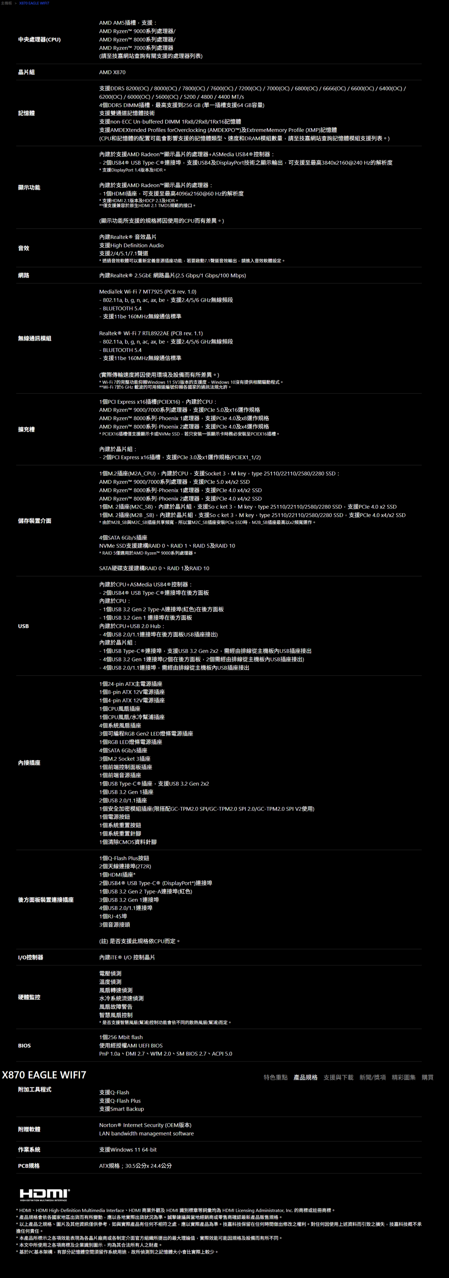 主機板 X87 EAGLE WFI7中央處理器CPU晶片組記憶體顯示功能音效網路無線通訊模組擴充槽儲存裝置介面USBAMD AM5插槽支援AMD Ryzent 9000系列處理器AMD Ryzent™ 8000系列處理器AMD Ryzen™ 7000系列處理器請至技嘉網站查詢有關支援的處理器列表AMD X870支援DDR5 8200()/8000()/7800()/7600()/7200(OC)/7000(OC) /6800(OC)/6666(C)/6600(OC)/600(OC)/6200(OC)/6000(OC)/5600(OC)/5200/4800/4400MT/4個DDR5 DIMM插槽最高支援到256GB(單一插槽支援64GB容量)支援雙通道記憶體技術支援nonECC Unbuffered DIMM Rx8/2Rx8/1Rx16記憶體支援AMDEXtended Profiles forOverclocking (AMDEXPO™)及ExtremeMemory Profile (XMP)記憶體(CPU和記憶體的配置可能會影響支援的記憶體類型、速度和DRAM模組數量請至技嘉網站查詢記憶體模組支援列表。)建支援AMD Radeon™顯示晶片的處理器+ASMedia USB4控制器: 2個USB4® USB TypeC ® 連接埠支援USB4及DisplayPort技術之顯示輸出,可支援至最高3840x2160@240 Hz的解析度* 支援DisplayPort 1.4版本及HDR。於支援AMD Radeon™顯示晶片的處理器:個HDMI插座,可支援至最高4096x2160@60 Hz的解析度* 支援HDMI 2.1版本及HDCP 2.3及HDR。**僅支援兼容於原生HDMI 2.1 TMDS規範的接口。(顯示功能所支援的規格將因使用的CPU而有差異。)內建Realtek® 音效晶片High Definition Audio支援2/4/5.1/7.1聲道*透過音效軟體可以重新定義音源插座功能,若要啟動7.1聲道音效輸出,請進入音效軟體設定。內建Realtek® 2.5GbE 網路晶片(2.5 Gbps/1Gbps/100 Mbps)MediaTek WiFi7 MT7925 (PCB rev. 1.0) 802.11a, b, g, n, ac, ax, be,支援2.4/5/6GHz無線頻段 BLUETOOTH 5.4支援11be 160MHz無線通信標準Realtek® WiFi7RTL8922AE (PCB rev. 1.1) 802.11a, b, g, n, ac, ax, be,支援2.4/5/6GHz無線頻段BLUETOOTH 5.4支援11be 160MHz無線通信標準(實際傳輸速度將因使用環境及設備而有所差異。* WiFi7的完整功能仰賴Windows 11 SV3版本的支援度,Windows 10沒有提供相關驅動程式。**WiFi 7於6 GHz 載波的可用頻道編號仰賴各國家的通訊法規允許。1個 Express x16插槽(EX16),內建於CPU:AMD Ryzent™ 9000/7000系列處理器,支援 5.0及x16運作規格AMD Ryzent™ 8000系列-Phoenix 1處理器,支援 4.0及x8運作規格AMD Ryzen™ 8000系列-Phoenix 2處理器,支援 4.0及x4運作規格* PCIEX16插槽僅支援顯示卡或NVMe SSD,若只安裝一張顯示卡時務必安裝至PCIEX16插槽。內建於晶片組:- 2個PCI Express x16插槽,支援 3.0及x1運作規格(PCIEX1_1/2)1個M.2插座(M2A_CPU),內建於CPU,支援Socket 3,M key,type 25110/22110/2580/2280 SSD:AMD Ryzen™ 9000/7000系列處理器,支援 5.0 x4/x2 SSDAMD Ryzen™ 8000系列-Phoenix 1處理器,支援PCle 4.0 x4/x2 SSDAMD Ryzent™ 8000系列-Phoenix 2處理器,支援 4.0 x4/x2 SSD1個M.2插座(M2C_SB),內建於晶片組,支援Socket 3,M key,type 25110/22110/2580/2280 SSD,支援PCle 4.0 x2 SSD1個M.2插座(M2B_SB),內建於晶片組,支援Socket 3,M key,type 25110/22110/2580/2280 SSD,支援PCle 4.0 x4/x2 SSD* 由於M2B_SB與M2C_SB插座共享頻寬,所以當M2C_SB插座安裝 SSD時,M2B_SB插座最高以x2頻寬運作。4個SATA 6Gb/s插座NVMe SSD支援建構RAID 0、RAID1、RAID5及RAID 10* RAID 5僅適用於AMD Ryzen™ 9000系列處理器。SATA硬碟支援建構RAIDO、RAID 1及RAID 10內建於CPU+ASMedia USB4 ® 控制器:- 2個USB4® USB Type-C ® 連接埠在後方面板內建於CPU:- 1個USB 3.2 Gen 2 Type-A連接埠(紅色)在後方面板- 1個USB 3.2 Gen1 連接埠在後方面板內建於CPU+USB 2.0 Hub:4個USB 2.0/1.1連接埠在後方面板USB插座接出)內建於晶片組:- 1個USB Type-C®連接埠,支援USB 3.2 Gen 2x2,需經由排線從主機板內USB插座接出- 4個USB 3.2 Gen 1連接埠(2個在後方面板,2個需經由排線從主機板內USB插座接出)·4個USB 2.0/1.1連接埠,需經由排線從主機板內USB插座接出1個24-pin ATX主電源插座1個8-pin ATX 12V電源插座1個4-pin ATX 12V電源插座1個CPU風扇插座1個CPU風扇/水冷幫浦插座4個系統風扇插座3個可編程RGB Gen2 LED燈條電源插座1個RGB LED燈條電源插座4個SATA 6Gb/s插座3個M.2 Socket 3插座內接插座後方面板裝置連接插座1個前端控制面板插座1個前端音源插座1個USB Type-C®插座,支援USB 3.2 Gen 2x21個USB 3.2 Gen 1插座2個USB 2.0/1.1插座1個安全加密模組插座(限搭配GC-TPM2.0 SPI/GC-TPM2.0 SPI 2.0/GC-TPM2.0 SPI V2使用)1個電源按鈕1個系統重置按鈕1個系統重置針腳1個清除CMOS資料針腳1個Q-Flash Plus按鈕2個天線連接埠(2T2R)1個HDMI插座*2個USB4® USB Type-C ® (DisplayPort*)連接埠1個USB 3.2 Gen 2 Type-A連接埠(紅色)3個USB 3.2 Gen 1連接埠4個USB 2.0/1.1連接埠1個RJ-45埠3個音源接頭(註)是否支援此規格依CPU而定。I/O控制器內建 ® I/O 控制晶片電壓溫度偵測風扇轉速偵測硬體監控水冷系統流速偵測風扇故障警告BIOSX870 EAGLE WIFI7附加工具程式智慧風扇控制*是否支援智慧風扇(幫浦)控制功能會依不同的散熱風扇(幫浦)而定。1個256Mbit flash使用經授權AMI UEFI BIOSPnP 1.0a、DMI 2.7、WfM 2.0、SM BIOS 2.7、ACPI5.0支援Q-Flash支援Q-Flash Plus支援Smart BackupNorton ® Internet Security (OEM版本)LAN bandwidth management software附贈軟體作業系統支援Windows 11 64-bitPCB規格ATX規格;30.5公分x24.4公分HIGH-DEFINITION MULTIMEDIA INTERFACE特色重點 產品規格 支援與下載 新聞/獎項 精彩圖集 購買* HDMI、HDMI High-Definition Multimedia Interface、HDMI 商業外觀及HDMI 識別標章等詞彙均為 HDMI Licensing Administrator, Inc. 的商標或註冊商標。*產品規格會依各國家地區出貨而有所變動,應以各地實際出貨狀況為準。誠摯建議與當地經銷商或零售商確認最新產品販售規格。*以上產品之規格、圖片及其他資訊僅供參考,如與實際產品有任何不相符之處,應以實際產品為準。技嘉科技保留在任何時間做出修改之權利。對任何因使用上述資料而引致之損失,技嘉科技概不承擔任何責任。*本產品所標示之各項效能表現為晶片廠商或各制定介面官方組織所提出的最大理論值,實際效能可能因規格及設備而有所不同。*本文中所使用之各項商標及企業識別圖示,均為其合法所有人之財產。*基於PC基本架構,有部分記憶體空間須留作系統用途,故所偵測到之記憶體大小會比實際上較少。