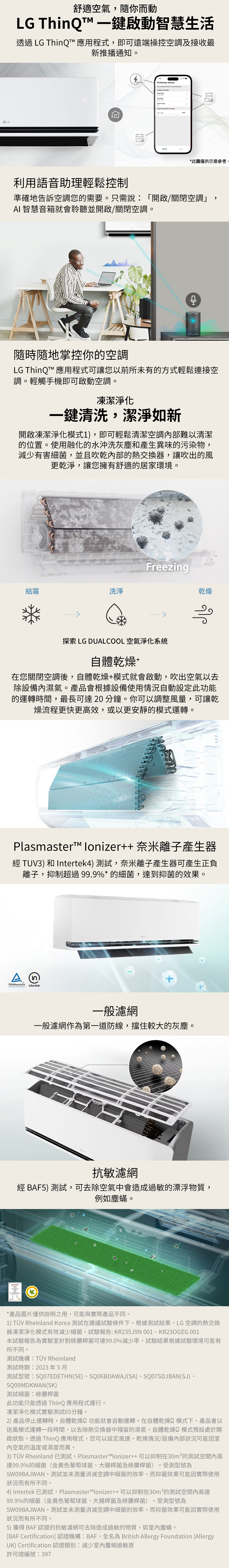 舒適空氣隨你而動LG ThinQT 一鍵啟動智慧生活透過 LG ThinQ 應用程式,即可遠端操控空調及接收最新推播通知AUTO Manager tingsSet    to   Manager  DateEnd Date 27, Daily UsageTARGET  SETTINGSCancel*此圖僅供示意參考利用語音助理輕鬆控制準確地告訴空調您的需要只需說「開啟/關閉空調」,AI智慧音箱就會聆聽並開啟/關閉空調隨時隨地掌控你的空調LG ThinQ 應用程式可讓您以前所未有的方式輕鬆連接空調。輕觸手機即可啟動空調。凍潔淨化一鍵清洗,潔淨如新開啟凍潔淨化模式1),即可輕鬆清潔空調內部難以清潔的位置。使用融化的水沖洗灰塵和產生異味的污染物,減少有害細菌,並且吹乾內部的熱交換器,讓吹出的風更乾淨,讓您擁有舒適的居家環境。Freezing結霜洗淨乾燥探索 LG DUALCOOL 空氣淨化系統自體乾燥在您關閉空調後,自體乾燥+模式就會啟動,吹出空氣以去除設備內濕氣。產品會根據設備使用情況自動設定此功能的運轉時間,最長可達 20 分鐘。你可以調整風量,可讓乾燥流程更快更高效,或以更安靜的模式運轉。Plasmaster&trade; Ionizer++ 奈米離子產生器 TUV3) 和 Intertek4) 測試,奈米離子產生器可產生正負離子,抑制超過 99.9%* 的細菌,達到抑菌的效果。A  RheinlandintertekLG+一般濾網一般濾網作為第一道防線,擋住較大的灰塵。LG抗敏濾網經 BAF5) 測試,可去除空氣中會造成過敏的漂浮物質,例如塵蟎。*產品圖片僅供說明之用,可能與實際產品不同。1) T&Uuml;V Rheinland Korea 測試在建議試驗條件下,根據測試結果,LG 空調的熱交換器凍潔淨化模式有效減少細菌。試驗報告:KR235J9N 001、KR23OGEG 001本試驗報告為實驗室針對綠膿桿菌可達99.0%減少率,試驗結果根據試驗環境可能有所不同。測試機構:T&Uuml;V Rheinland測試時期:2023年5月測試型號:SQ07EDETHN(SE)、SQ06BDAWAJ(SA)、SQ07SDJBAN(SJ)、SQ09MDKWAN(SK)測試細菌:綠膿桿菌此功能只能透過ThinQ 應用程式運行。凍潔淨化模式實驗測試65分鐘。2) 產品停止運轉時,自體乾燥功能就會自動運轉。在自體乾燥模式下,產品會以送風模式運轉一段時間,以去除熱交換器中殘留的濕氣。自體乾燥模式預設處於開啟狀態。透過ThinQ 應用程式,您可以設定風速。乾燥情況/設備內部狀況可能因室內空氣的溫度或濕度而異。3) T&Uuml;V Rheinland 已測試,Plasmaster&trade;Ionizer++可以抑制在30m&sup2;的測試空間內高達99.9%的細菌(金黃色葡萄球菌、大腸桿菌及綠膿桿菌) 受測型號為。SW09BAJWAN。測試並未測量消滅空調中細菌的效率,而抑菌效果可能因實際使用狀況而有所不同。4) Intertek 已測試,Plasmaster&trade;Ionizer++可以抑制在30m&sup2;的測試空間內高達99.9%的細菌金黃色葡萄球菌、大腸桿菌及綠膿桿菌) 受測型號為。SW09BAJWAN。測試並未測量消滅空調中細菌的效率,而抑菌效果可能因實際使用狀況而有所不同。5) 獲得 BAF 認證的抗敏濾網可去除造成過敏的物質,如室內塵蟎。[BAF Certification] 認證機構:BAF,全名為 British Allergy Foundation (AllergyUK) Certification 認證類別:減少室內塵螨過敏原許可證編號:397