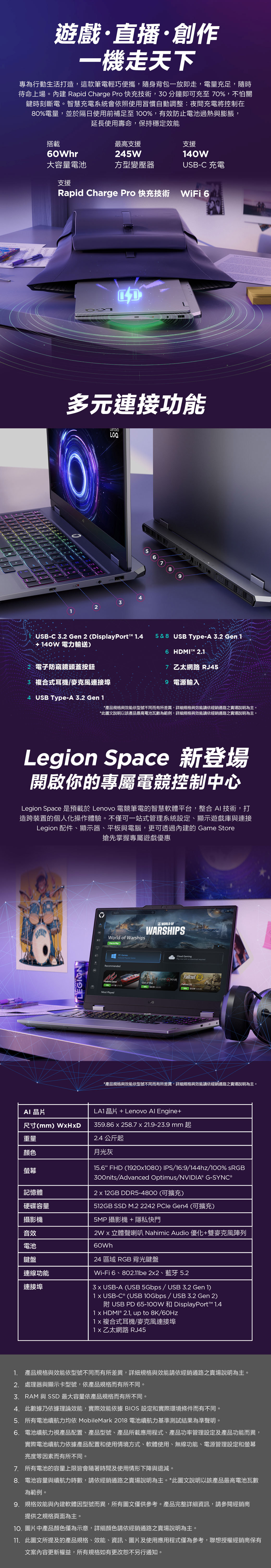 遊戲直播·創作一機走天下專為行動生活打造,這款筆電輕巧便攜,隨身背包一放即走,電量足,隨時待命上場。內建 Rapid Charge Pro 快充技術,30 分鐘即可充至 70, 不怕關鍵時刻斷電。智慧充電系統會依照使用習慣自動調整:夜間充電將控制在80%電量,並於隔日使用前補足至0%,有效防止電池過熱與膨脹,延長使用壽命,保持穩定效能最高支援搭載支援60Whr45W140W大容量電池方型變壓器USB-C 充電支援Rapid Charge Pro 快充技術 WiFi 6多元連接功能LenovoLOQ389USB-C32 Gen 2 (DisplayPort 1.4+140W電力輸送)電子防窺鏡頭蓋按鈕3 複合式耳機麥克風連接埠5 & 8 USB Type-A 2 6 HDI™M 2.1.7 乙太網路 RJ459 電源輸入4 USB Type-A 3.2 Gen 1*產品規格與效能依型號不同而有所差異,詳細規格與效能請依經銷通路之賣場說明為主。*此圖文說明以該產品最高電池瓦數為範例,詳細規格與效能請依經銷通路之賣場說明為主。Legion Space 新登場開啟你的專屬電競控制中心Legion Space 是預載於 Lenovo 電競筆電的智慧軟體平台,整合 技術,打造跨裝置的個人化操作體驗。不僅可一站式管理系統設定、顯示遊戲庫與連接Legion 配件、顯示器、平板與電腦,更可透過內建的 Game Store搶先掌握專屬遊戲優惠LEGIONWorld of WarshipsWORLD OFWARSHIPSFree to PlayRecommendedPC GamesAssetto God of War% 17.99 % 44.99 Most PlayedGOD WARCloud GamingPlay now with no download required 76Fallout 7610% $*產品規格與效能依型號不同而有所差異,詳細規格與效能請依經銷通路之賣場說明為主。AI 晶片尺寸(mm)LA1晶片 + Lenovo Al Engine+359.86 258.7 21.9-23.9 mm 重量2.4 公斤起顏色月光灰螢幕記憶體硬碟容量攝影機音效電池鍵盤連線功能連接埠15.6FHD (19201080) IPS/16:9/144hz/100% sRGB300nits/Advanced Optimus/NVIDIA G-SYNC®2 12GB DDR5-4800(可擴充)512GB SSD M.2 2242 Gen4(可擴充)5MP攝影機+隱私快門2Wx立體聲喇叭 Nahimic Audio 優化+雙麥克風陣列60Wh24 區域 RGB 背光鍵盤Wi-Fi 6、802.11be 2x2、藍牙5.23 x USB-A (USB 5Gbps / USB 3.2 Gen 1)1 x USB-C ® (USB 10Gbps/ USB 3.2 Gen 2)附 USB PD 65-100W 和 DisplayPort™ 1.41 x ® 2.1, up to 8K/60Hz1x複合式耳機/麥克風連接埠1x 乙太網路 RJ451. 產品規格與效能依型號不同而有所差異,詳細規格與效能請依經銷通路之賣場說明為主。2. 處理器與顯示卡型號,依產品規格而有所不同。3. RAM 與 SSD 最大容量依產品規格而有所不同。4. 此數據乃依據理論效能,實際效能依據 BIOS 設定和實際環境條件而有不同。5. 所有電池續航力均依 MobileMark 2018 電池續航力基準測試結果為準聲明。6. 電池續航力視產品配置、產品型號、產品所載應用程式、產品功率管理設定及產品功能而異,實際電池續航力依據產品配置和使用情境方式、軟體使用、無線功能、電源管理設定和螢幕亮度等因素而有所不同。7. 所有電池的容量上限皆會隨著時間及使用情形下降與退減。8. 電池容量與續航力時數,請依經銷通路之賣場說明為主。*此圖文說明以該產品最高電池瓦數為範例。9. 規格效能與內建軟體因型號而異,所有圖文僅供參考。產品完整詳細資訊,請參閱經銷商提供之規格頁面為主。10. 圖片中產品顏色僅為示意,詳細顏色請依經銷通路之賣場說明為主。11. 此圖文所提及的產品規格、效能、資訊、圖片及使用應用程式僅為參考,聯想授權經銷商保有文案內容更新權益,所有規格如有更改恕不另行通知。