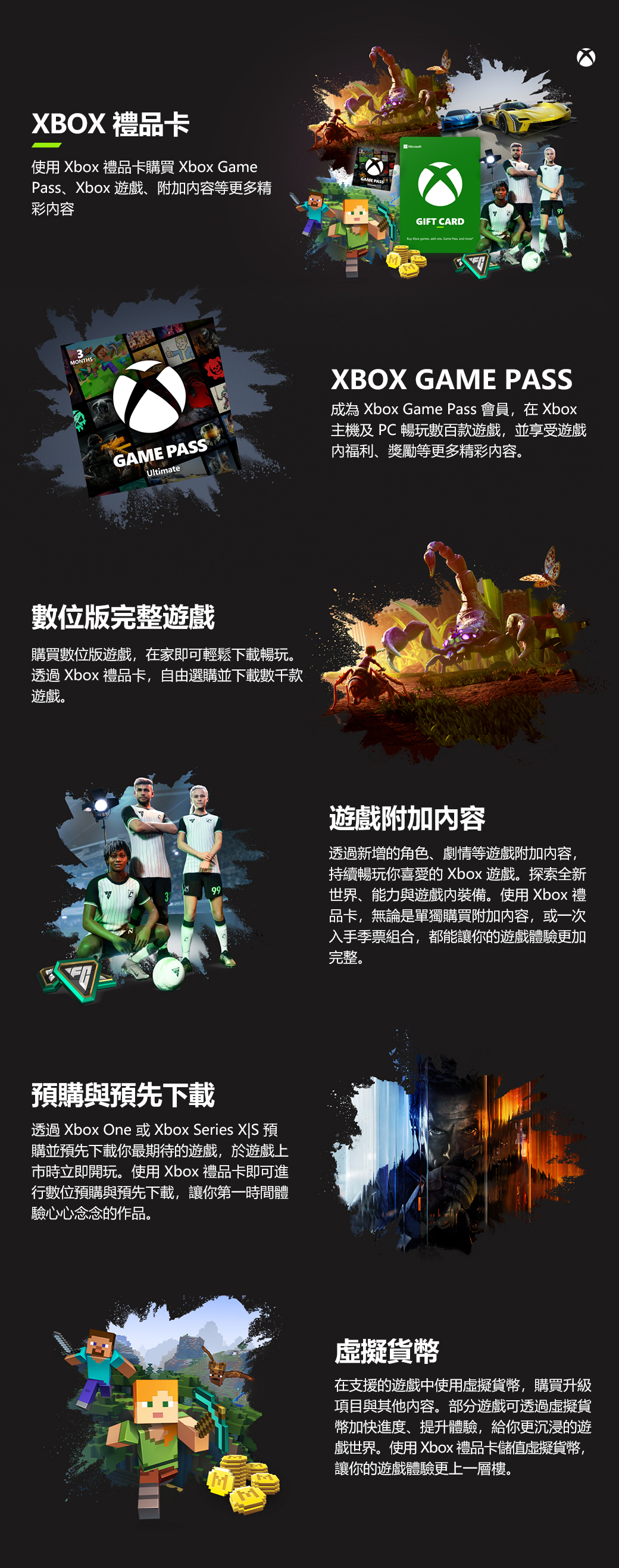 XBOX 禮品卡使用 禮品卡購買 Xbox 、Xbox 遊戲、附加内容等更多精彩内容MONTHSGAME PASSUltimate數位版完整遊戲購買數位版遊戲在家即可輕鬆下載暢玩。透過 Xbox 禮品卡,自由選購並下載數千款遊戲。99預購與預先下載透過 Xbox One 或Xbox Series X|S預購並預先下載你最期待的遊戲,於遊戲上市時立即開玩。使用 Xbox 禮品卡即可進行數位預購與預先下載,讓你第一時間體驗心心念念的作品。GAME PASSGIFT CARD Xbox Game Pass, and XBOX GAME PASS成為 Xbox Game Pass 會員,在 Xbox主機及 PC 暢玩數百款遊戲,並享受遊戲、獎勵等更多精彩内容。遊戲附加容透過新增的角色、劇情等遊戲附加內容,持續暢玩你喜愛的 Xbox 遊戲。探索全新世界、能力與遊戲內裝備。使用 Xbox 禮品卡,無論是單獨購買附加內容,或一次入手季票組合,都能讓你的遊戲體驗更加完整。虛擬貨幣在支援的遊戲中使用虛擬貨幣,購買升級項目與其他内容。部分遊戲可透過虛擬貨幣加快進度、提升體驗,給你更沉浸的遊戲世界。使用 Xbox 禮品卡儲值虛擬貨幣,讓你的遊戲體驗更上一層樓。