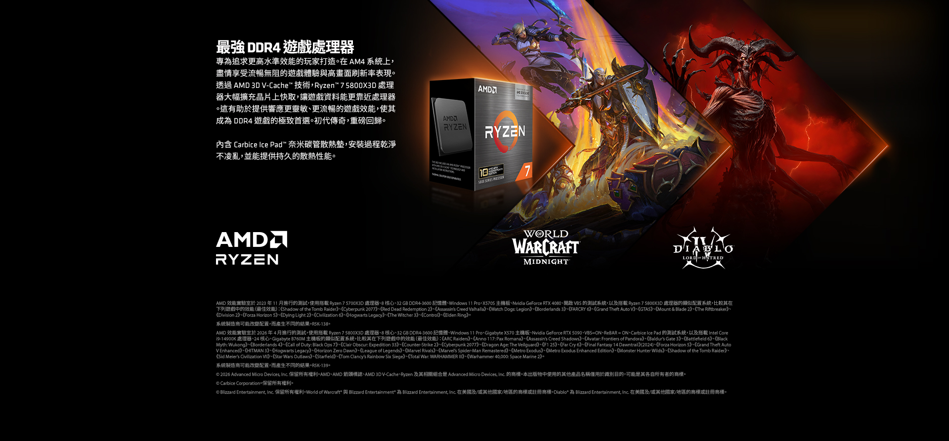 最強 DDR 遊戲處理器專追求更高水準效能的玩家打造在AM4系統上盡情享受流暢無阻的遊戲驗與高畫面刷新率表現透過 AMD 3D -Cache 技術,Ryzen™ 800X3D 處理器大幅擴充晶片上快取,讓遊戲資料能更靠近處理器這有助於提供響應更靈敏更流暢的遊戲效能,使其 DDR4 遊戲的極致首選。初代傳奇,重磅回歸。AMD內含 Carbice Ice Pad™ 奈米碳管散熱墊,安裝過程乾淨不凌亂,並能提供持久的散熱性能。AMDRYZENAMDRYZENRYZEN  WORLDWARCRAFTMIDNIGHTDIABLOLORD  HATREDAMD 效能實驗室於 2023 年11月進行的測試,使用搭載 Ryzen 7 700X3D 處理器8核心32 GB DDR4-300 記憶體Windows 11 ProX570S 主機板Nvidia GeForce RTX 4080開啟 VBS 的測試系統,以搭載 Ryzen 75800X3D 處理器的類似配置系統,比較其在下列遊戲中的效能(最佳效能)Shadow of the Tomb RaiderCyberpunk 2077Red Dead Redemption 2Assassins Creed ValhallaWatch Dogs LegionBorderlands 3FARCRY Grand Theft Auto VGTA5Mount & Blade 2The RiftbreakerDivision 2Forza Horizon 5Dying Light Civilization Hogwarts Legacy、The Witcher 3、Control、Elden Ring。系統製造商可能改變配置,而產生不同的結果-138。AMD 效能實驗室於 2026年4月進行的測試,使用搭載 Ryzen 7 5800X3D 處理器、8 核心、32 GB DDR4-3600 記憶體、Windows 11 Pro、Gigabyte X570 主機板、Nvidia GeForce RTX 5090、VBSON、ReBAR = ON、Carbice Ice Pad 的測試系統,以及搭載 Intel Core19-14900K 處理器、24 核心、Gigabyte B760M 主機板的類似配置系統,比較其在下列遊戲中的效能 (最佳效能)《ARC Raiders、《Anno : Pax Romana、《Assassins Creed Shadows、《Avatar: Frontiers of Pandora、《Baldurs Gate 3、《Battlefield 6、《BlackMyth: Wukong、《Borderlands 4、《Call of Duty: Black Ops 7、 《Clair Obscur: Expedition 33、《Counter-Strike 2、《Cyberpunk 2077》、《Dragon Age: The Veilguard》、《F1 》、《Far Cry 6》、《Final Fantasy 14 Dawntrall》(2024)、《Forza Horizon 5》、《Grand Theft AutoV Enhanced》、《HITMAN 3》、《Hogwarts Legacy》、《Horizon Zero Dawn》、《League of Legends》、《Marvel Rivals》、《Marvels Spider-Man Remastered》、《Metro Exodus》、《Metro Exodus Enhanced Edition》、《Monster Hunter Wilds》、《Shadow of the Tomb Raider》、《Sid Meiers Civilization 》、《Star Wars Outlaws》、《Starfield》、《Tom Clancys Rainbow Six Siege》、《Total War: WARHAMMER 、 40,000: Space Marine 2。系統製造商可能改變配置,而產生不同的結果。R5K- 2026 Advanced Micro Devices, Inc. 保留所有權利。AMD、AMD 箭頭標誌、AMD 3D V-Cache、Ryzen 及其相關組合是 Advanced Micro Devices, Inc. 的商標。本出版物中使用的其他產品名稱僅用於識別目的,可能是其各自所有者的商標。 Carbice Corporation。保留所有權利。 Blizzard Entertainment, Inc. 保留所有權利=World of Warcraft 與Blizzard Entertainment  Blizzard Entertainment, Inc 在及/或其他國家/地區的商標或註冊商標。Diablo* 為 Blizzard Entertainment, Inc. 在美國及/或其他國家/地區的商標或註冊商標。