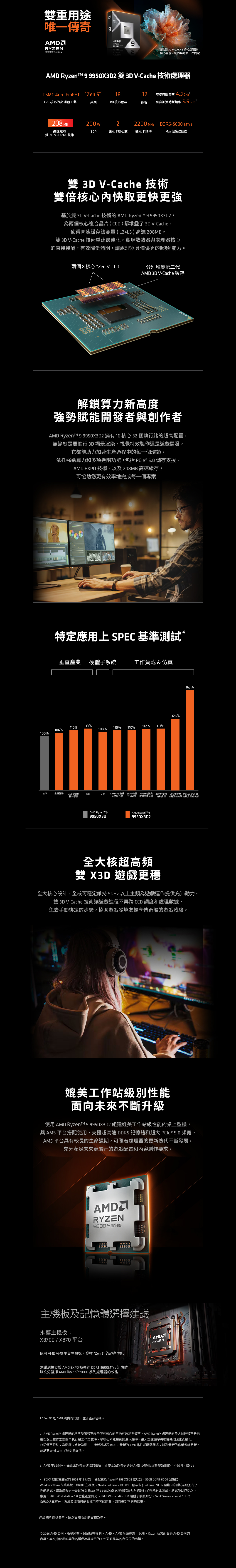 重用途唯一傳奇AMDRYZEN000 SeriesAMDRYZEN9首款 3D V-CACHE 技術處理器一核心全能,創作與遊戲一次搞定AMD Ryzent 9 990X3D 雙 3D V-Cache 技術處理器TSMC 4nm FinFET Zen 51632基準時脈頻率 4.3 CPU 核心的處理器工藝架構CPU 核心數量線程至高加速時脈頻率5.6  2208 MB200w22200 MHZDDR5-5600 MT/S高速緩存TDP顯示卡核心數顯示卡頻率Max 記憶體速度雙 3D V-Cache 技術雙 3D V-Cache 技術雙倍核心快取更快基於雙 3D V-Cache 技術的 AMD  9 9950X3D2,兩個核心複合晶片(CCD)都堆疊了 3D V-Cache,使得高速緩存總容量( L2+L3)高達 208MB。雙 3D V-Cache 技術重建最佳化,實現散熱器與處理器核心的直接接觸,有效降低熱阻,讓處理器具備優秀的超頻能力。兩個8核心Zen 5 CCD分別堆疊第二代AMD 3D V-Cache 緩存解鎖算力新高度強勢賦能開發者與創作者AMD Ryzent 9 9950X3D2 擁有16核心32個執行緒的超高配置,無論您是要進行3D場景渲染、視覺特效製作還是遊戲開發,它都能助力加速生產過程中的每一個環節。依托強勁算力和多項進階功能,包括PCIe 5.0 儲存支援、AMD EXPO 技術、以及208MB 高速緩存,可協助您更有效率地完成每一個專案。特定應用上 SPEC 基準測試4垂直產業 硬體系統工作負載&仿真113%110%106%108%110% 110%112%113%100%基準金融服務人工智慧與機器學習能源CPU126%163%LAMMPS 模擬 SRMP地震 MFEM可擴充 數字科學與 OPENFOAM POISSON QR 圖分子動力學 效據處理 有限元素分析 資料處理 計算流體力學 泊松方程式求解AMD Ryzen 9AMD Ryzent 9950X3D9950X3D2全大核超高頻雙 X3D遊戲更穩全大核心設計,全核可穩定維持5GHz 以上主頻為遊戲運作提供充沛動力。雙 3D V-Cache 技術讓遊戲進程不再跨 CCD 調度和處理數據,免去手動綁定的步驟,協助遊戲發燒友暢享傳奇般的遊戲體驗。媲美工作站級別性能面向未來不斷升級使用 AMD Ryzent 99950X3D2 組建媲美工作站級性能的桌上型機,與AM5 平台搭配使用,支援超高速DDR5 記憶體和超大 PCle® 5.0 頻寬。AM5 平台具有較長的生命週期,可隨著處理器的更新迭代不斷發展,充分滿足未來更嚴苛的遊戲配置和內容創作要求。RYZEN9000 Series主機板及記憶體選擇建議推薦主機板X870E / X870 平台使用 AMD AM5 平台主機板,發揮Zen 5的超高性能建議選擇支援 AMD EXPO 技術的 DDR5 5600MT/s 記憶體以充分發揮 AMD RyzenTM 9000 系列處理器的效能1. Zen 5 是AMD 架構的代號,並非產品名稱。AMSRYZEN2. AMD Ryzent 處理器的基準時脈頻率表示所有核心的平均有效基準頻率。AMD Ryzen 處理器的最大加速頻率是指處理器上運作繁重的執行緒工作負載時,單核心所能達到的最大頻率。最大加速頻率將根據幾個因素而變化,包括但不限於:散熱膠;系統散熱;主機板設計和BIOS;最新的AMD 晶片組驅動程式;以及最新的作業系統更新。請瀏覽 amd.com 了解更多詳情。3. AMD 產品保固不涵蓋因超頻而造成的損壞,即使此類超頻是透過AMD 硬體和/或軟體啟用的也不保固。GD-264. BOXX 效能實驗室於 2026 年 2 月一台配置為 RyzenT 9950X3D2 處理器、32GB DDR5-6000 記憶體、Windows 11 Pro 作業系統、X870E 主機板、Nvidia GeForce RTX 5090 顯示卡 (GeForce 591.86驅動)的測試系統進行了性能測試。該系統與另一台配置為 Ryzent™ 9 9950X3D 處理器的類似系統進行了性能對比測試,測試項目包括以下應用:SPEC Workstation 4.0 垂直產業評分、SPEC Workstation 4.0 硬體子系統評分、SPEC Workstation 4.0 工作負載&仿真評分。系統製造商可能會採用不同的配置,因而得到不同的結果。產品圖片僅供參考,請以實際收到的實物為準。© 2026 AMD 公司,版權所有。保留所有權利。AMD,AMD箭頭標識,銳龍,Ryzen 及其組合是 AMD 公司的商標。本文中使用的其他名稱僅為標識目的,也可能是其各自公司的商標。