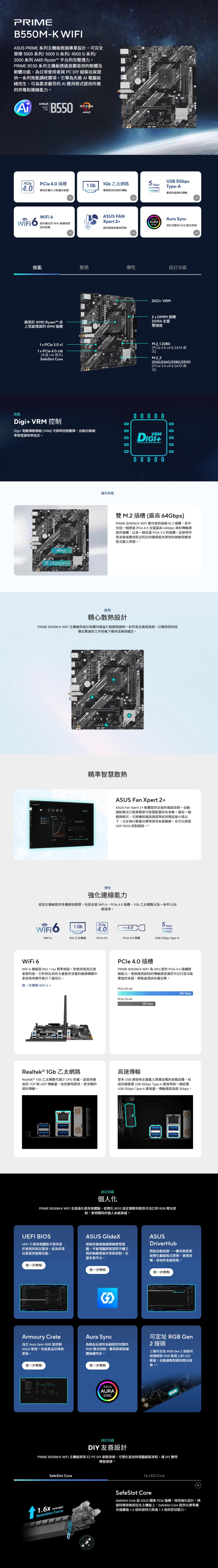 PRIMEB550M ASUS PRIME 系列主機板經過專業設計,可完全發揮 5000 系列/5000G-系列/4000G-系列/3000 系列  Ryzen 平台完整潛力。PRIME B550 系列主機板透過直觀易用的軟體及韌體功能,為日常使用者與PC  組裝玩家提供一系列效能調校選項。它專為先進 AI 電腦就緒而生,可為要求嚴苛的AI應用程式提供所需的供電和線能力。SOCKETB550RYZENAMDPClePCle  插槽1 Gb1Gb 乙太網路40適用於顯示卡和儲存裝置實現更快的資料傳輸5 USB 5GbpsType-A實現快速資料傳輸WiFi ASUS FANWiFi6提供穩定的WiFi連線與更低的延遲Xpert ASUSAURA SyncSYNC用於完整的 RGB 燈光控制提供極致的散熱控制效能散熱彈性自訂功能+ VRM適用於 AMD Ryzent™ 桌上型處理器的 AM4 插槽xDIMM 插槽DDR4 支援雙通道1 x   x11 x   x16(支援x16模式SafeSlot CoreM._12280(PCle  x4 & SATA 模式)22/2260/2280/22110( 3.0 x4 & SATA 模式)效能Digi+ VRM 控制Digi+ 電壓調節模組(VRM)可即時控制壓降,自動切換頻率與電源效率設定。80mm11080 60 42 mmmm儲存效能0 0 0 0 00 0 0 0 0VRMDIGI+0 0 0 0 00 0 0 0 0雙M.2插槽(最64Gbps)PRIME B550M-K WIFI 總共提供兩個M.2插槽,其中包括一個透過 PCle 4.0 支援最高 64Gbps 資料傳輸速度的插槽,以及一個支援 3.0的插槽。這使得作業系統或應用程式所在的硬碟能有更快的啟動與應用程式載入散熱精心散熱設計PRIME B550M-K WIFI 主機板的設計具備內建晶片組散熱器和一系列混合風扇接頭,以確保您的設備在繁重的工作負載下維持涼爽與穩定。  24PRIME B550M-K WIFI.精準智慧散熱ASUS Fan Xpert 2+ASUS Fan Xpert2+軟體提供全面的風扇控制。自動調校模式只需單擊即可智慧配置所有參數。還有一個極靜模式,可將機殼風扇速度降低到預設最小值以下,以在執行輕量任務時保持系統極靜。也可以透過UEFI BIOS 控制風扇。 2彈性化連線能力這款主機板提供多種連接選擇,包括支援WiFi6Pcle4.0插槽、1Gb乙太網路以及一系列 USB連接埠。WiFi6PCle1 Gb4.0 4.05 GbpsWiFi 61Gb 乙太網路PCle 4.0PCle 4.0插槽USB 5Gbps Type-AWiFi 6WiFi 6 模組與 802.11ax標準相容。對使用者而言更重要的是,它針對在具有大量競爭流量的擁擠網路中更高效地運作進行了最佳化。進一步 WiFi 6 PCle 4.0 插槽PRIME B550M-K WIFI 為GPU提供PCle4.0插槽連線能力。寬頻寬與超快的傳輸速度讓您可以打造功能豐富的系統,輕鬆處理高負載任務。PCle 4.0 x16PCle 3.0 x16128Gbps256 GbpsRealtek ® 1Gb 乙太網路Realtek® 1Gb 乙太網路可減少CPU負載,並提供極高的 TCP 和UDP傳輸量,從而實現更快、更流暢的資料傳輸。高速傳輸眾多USB 連接埠支援載入周邊設備的高階設備,包括四個後置 USB 5Gbps Type-A 連接埠和一個前置USB 5Gbps Type-A 連接器,傳輸速度高達5Gbps。自訂功能個人化PRIME B550M-K WIFI 全面化使用者體驗,從簡化 BIOS 設定調整到提供可自訂的 RGB 燈光控制,實現獨特的個人系統。UEFI BIOSUEFI 介面為電腦新手提供易於使用的設定選項,並為資深玩家提供進階功能。進一步瞭解ASUS GlideX透過有線或無線連線實現電腦、平板電腦與智慧型手機之的無縫畫面共享和控制,支援多重平台。進一步瞭解ASUSDriverHub透過自動偵測、一鍵安裝和更新簡化驅動程式管理,實現流暢、高效的系統效能。進一步瞭解Armoury Crate自訂 Aura Sync RGB 並控制ASUS 裝置。包括產品註冊和更新。進一步瞭解Aura Sync為熱血玩家的系統提供完整的RGB 燈光控制,確保與相容硬體無縫同步。進一步瞭解可定址 RGB Gen2 接頭三個可定址 RGB Gen 2 接頭可偵測相容 RGB 裝置上的 LED數量,自動調整對應的燈光效果。2ASUSAURASYNC自訂功能      COM CHA DIY 友善設計PRIME B550M-K WIFI 主機板採用EZPCDIY創新技術,可簡化並加快電腦組裝流程,讓 DIY 變得輕鬆便捷。SafeSlot CoreQ-LED Core strongerRetention ForceSafeSlot CoreSafeSlot Core 是 ASUS 獨家  插槽。採用強化設計,透過特殊掛鉤固定在主機板上,SafeSlot Core 提供比標準充插槽強1.6倍的保持力與強1.3 倍的剪切阻力。