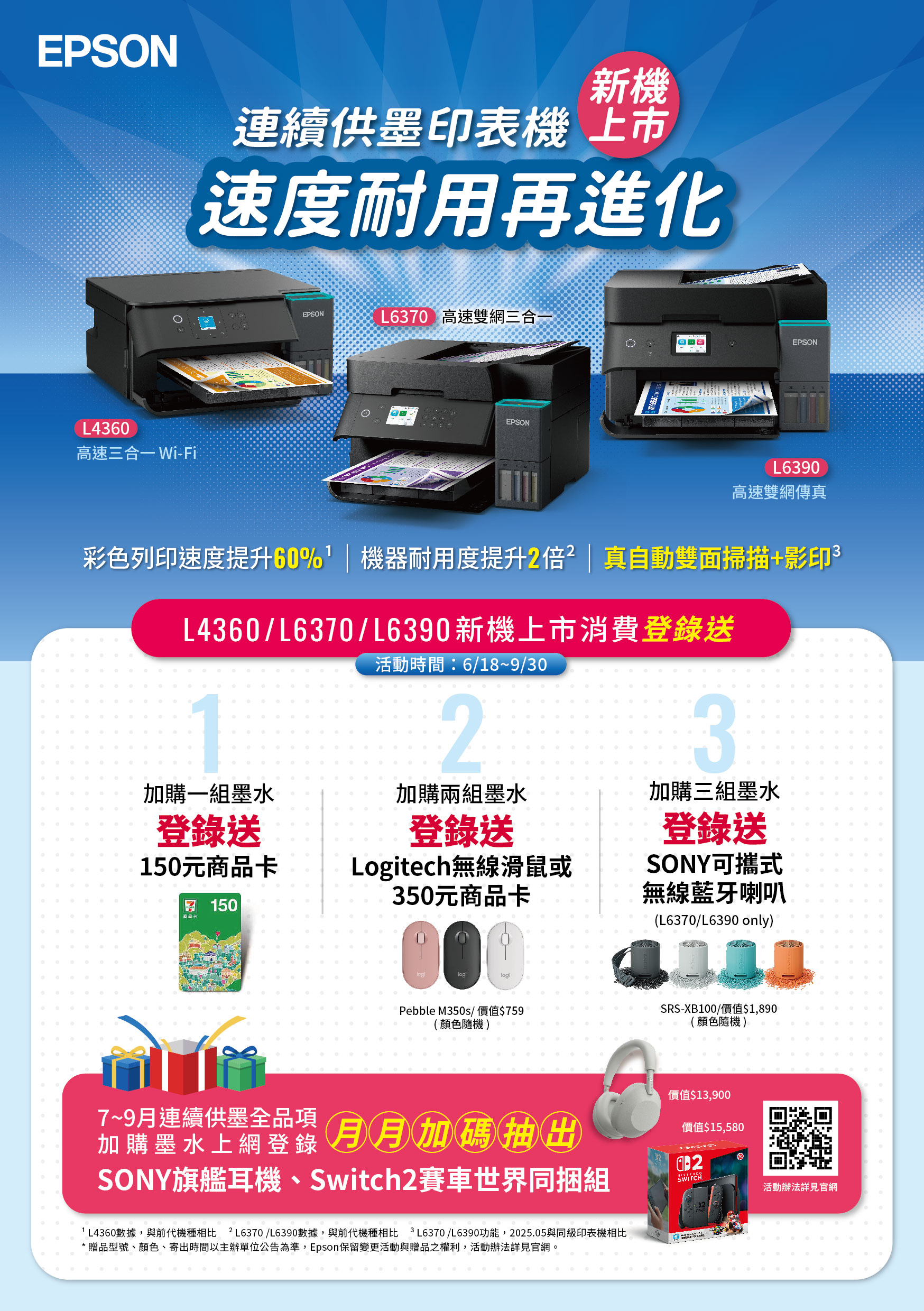EPSON新機連續供墨印表機上市速度耐用再進化L4高速三合一 Wi-FiEPSONL637 高速雙網三合一EPSON0EPSONL6390高速雙網傳真彩色列印速度提升60%  機器耐用度提升2倍真自動雙面掃描+影印3L4360/L6370/L6390新機上市消費登錄送1加購一組墨水登錄送150元 150商品卡活動時間:6/18~9/302加購兩組墨水登錄送Lgitech無線滑鼠或350元商品卡logilogi3加購三組墨水登錄送SONY可攜式無線藍牙喇叭(L6370/L6390 only)60Pebble M350s/價值$759(顏色隨機)SRS-XB100/價值$1890(顏色隨機)價值$13,9007~9月連續供墨全品項加購墨水上網登錄月月加碼抽出價值$15,580SONY旗艦耳機、Switch2賽車世界同捆組SWITCHL4360數據,與前代機種相比2L6370/L6390數據,與前代機種相比3L6370/L6390功能,25.05與同級印表機相比*贈品型號、顏色、寄出時間以主辦單位公告為準,Epson保留變更活動與贈品之權利,活動辦法詳見官網02活動辦法詳見官網o。
