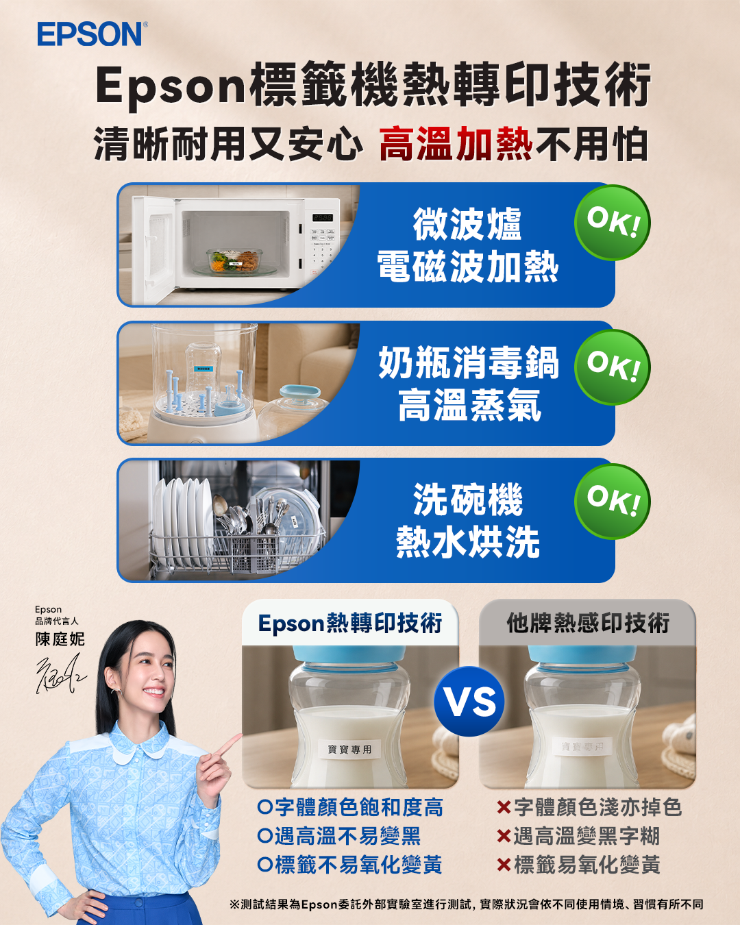 EPSONEpson標籤熱轉印技術清晰耐用又安心 高溫加熱不用怕Epson品牌代言人陳庭妮微波爐OK!電磁波加熱奶瓶消毒鍋OK!高溫蒸氣洗碗機OK!熱水烘洗Epson熱轉印技術 他牌熱感印技術寶寶VS寶寶專用字體顏色飽和度高字體顏色亦掉色遇高溫不變黑遇高溫變黑字糊標籤不易氧化變黃標籤易氧化變黃測試結果為Epson委託外部實驗室進行測試,實際狀況會依不同使用情境、習慣有所不同