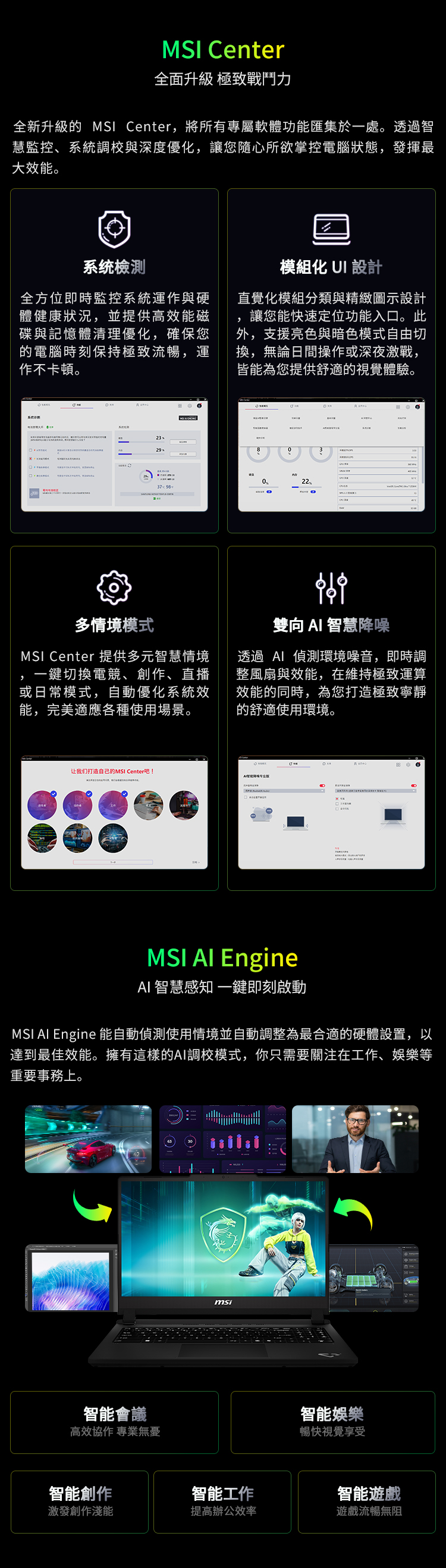 MSI Center全面升級 極致戰鬥力全新升級的 MSI Center將所有專屬軟體功能匯集於一處。透過智慧監控、系統調校與深度優化,讓您隨心所欲掌控電腦狀態,發揮最大效能。系统全方位即時監控系統運作與硬體健康狀況,並提供高效能磁碟與記憶體清理優化,確保您的電腦時刻保持極致流暢,運作不卡頓。模組化 UI 設計直覺化模組分類與精緻圖示設計讓您能快速定位功能入口。此外,支援亮色與暗色模式自由切換,無論日間操作或深夜激戰,皆能為您提供舒適的視覺體驗。232922,多情境模式MSI Center 提供多元智慧情境一鍵切換電競、創作、直播或日常模式,自動優化系統效能,完美適應各種使用場景。雙向 智慧降噪透過 偵測環境噪音,即時調整風扇與效能,在維持極致運算效能的同時,為您打造極致寧靜的舒適使用環境。让我们打造自己的MSI Center吧!MSI Engine 智慧感知 一鍵即刻啟動MSI AI Engine 能自動偵測使用情境並自動調整為最合適的硬體設置,以達到最佳效能。擁有這樣的AI調校模式,你只需要關注在工作、娛樂等重要事務上。智能會議高效協作 專業無憂智能娛樂暢快視覺享受智能創作智能工作智能遊戲激發創作淺能提高辦公效率遊戲流暢無阻